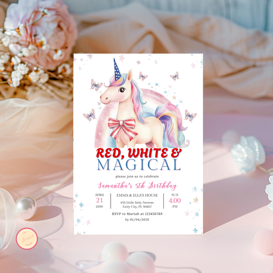 Patriotic Unicorn Birthday Invitation
