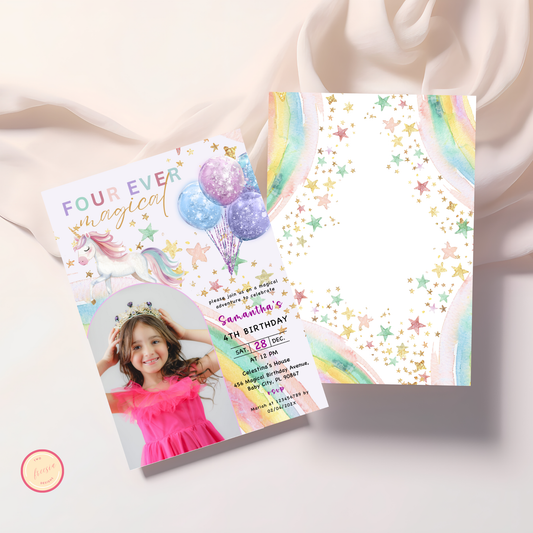 Unicorn 4th Birthday Invitation with Photo