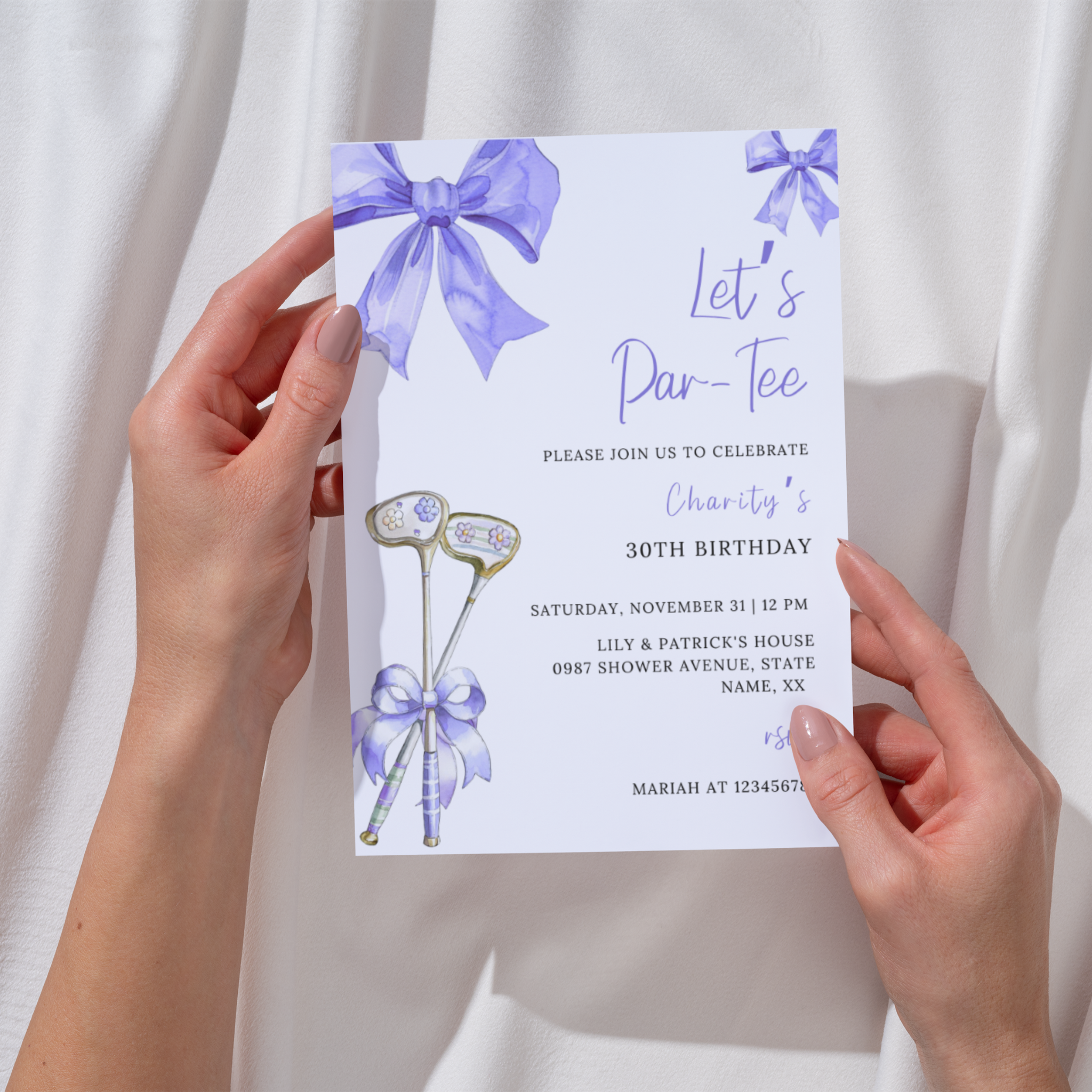 Purple Bow & Club Golf Birthday Invitation