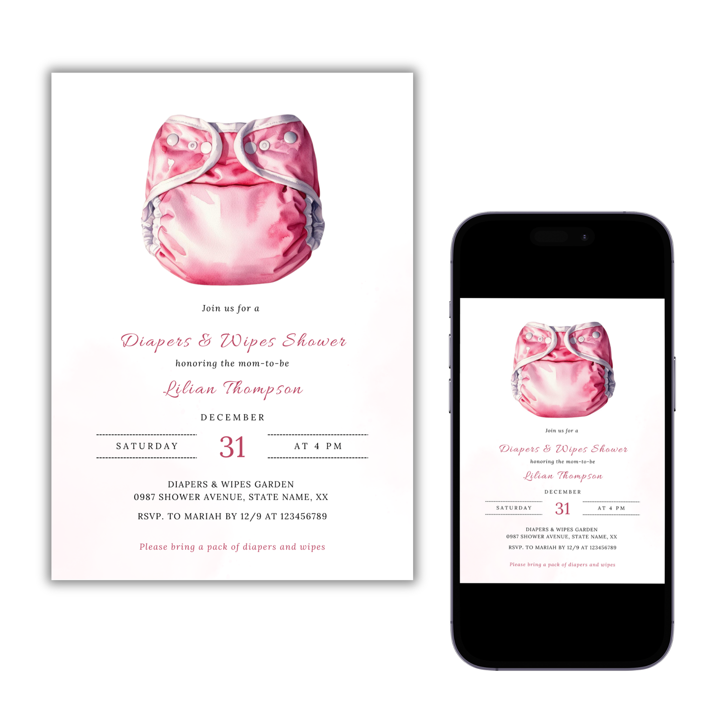 Diapers and Wipes Shower Invitation - Pink