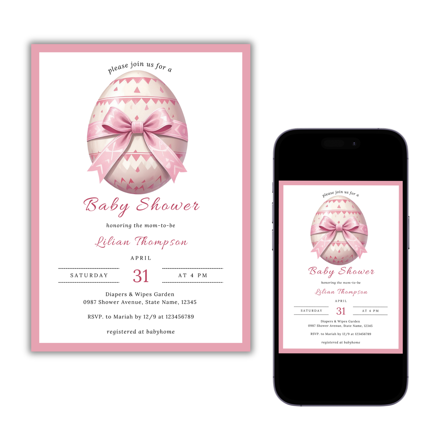 Easter Baby Shower Invitation - Pink Egg Baby