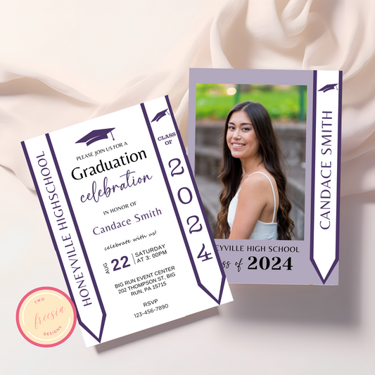 Purple Graduation Invitation with Photo - Editable Template