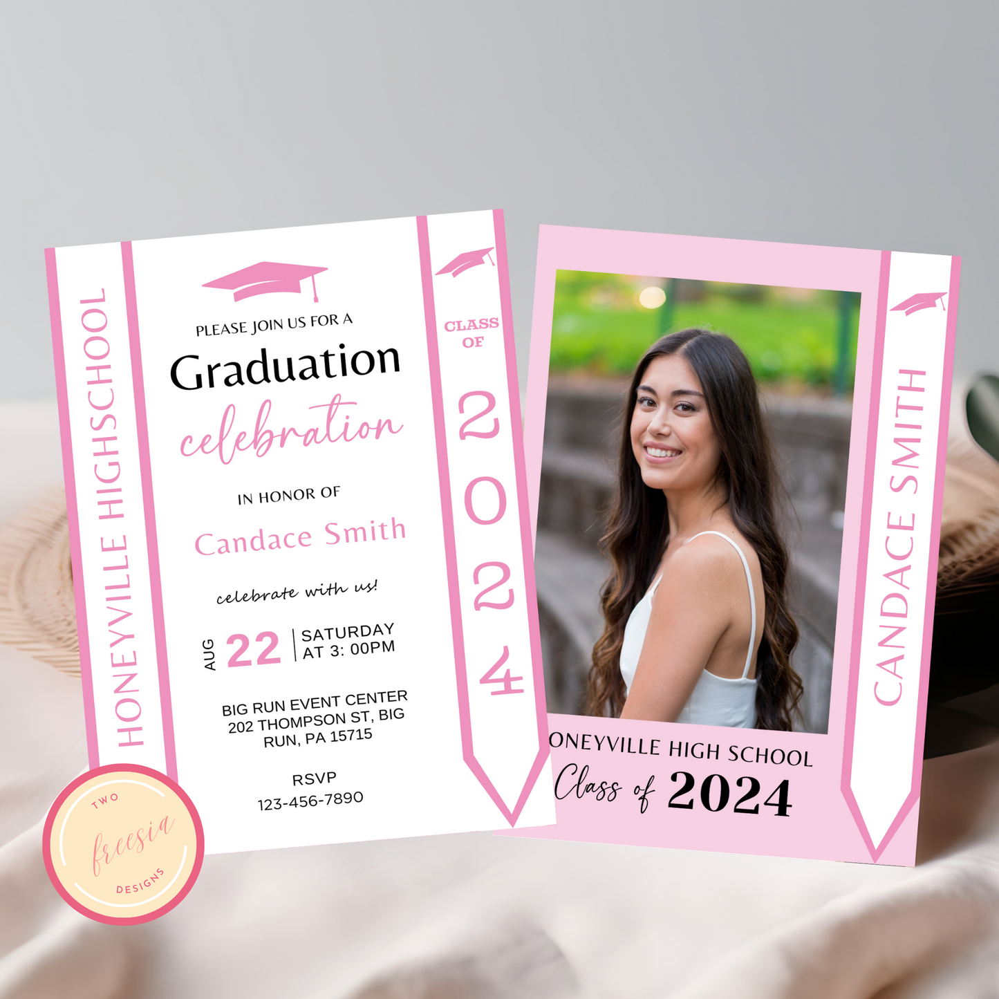 Pink Graduation Invitation with Photo - Editable Template