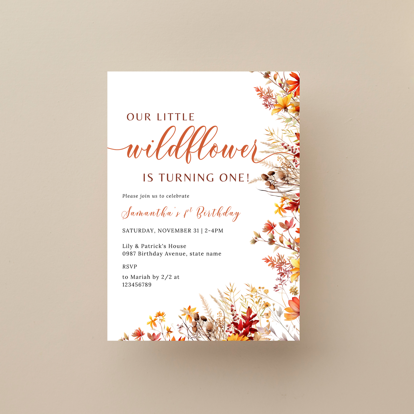 Fall Wildflower 1st Birthday Invitation