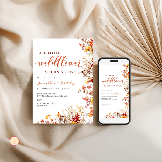 Fall Wildflower 1st Birthday Invitation