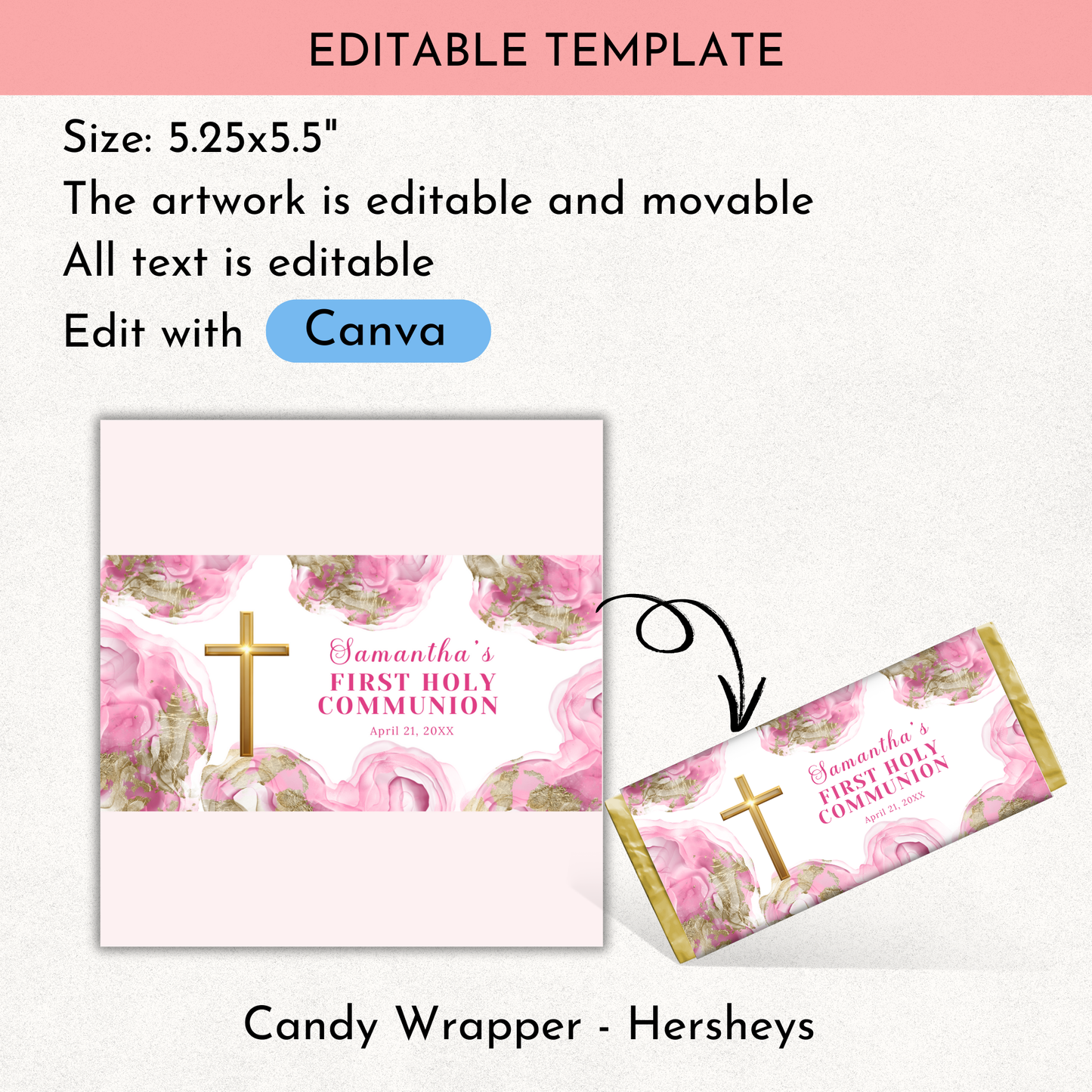 1st Communion Choc wrapper - Pink