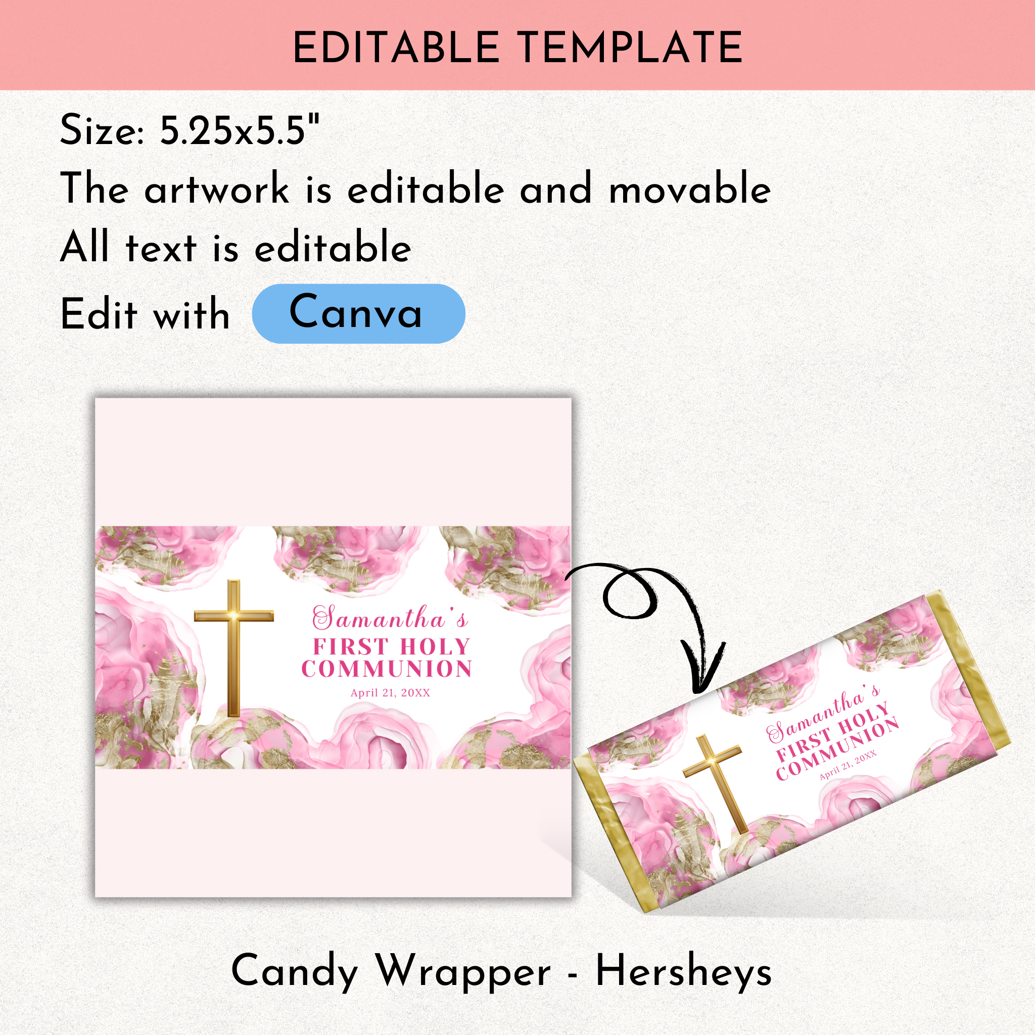 1st Communion Choc wrapper - Pink