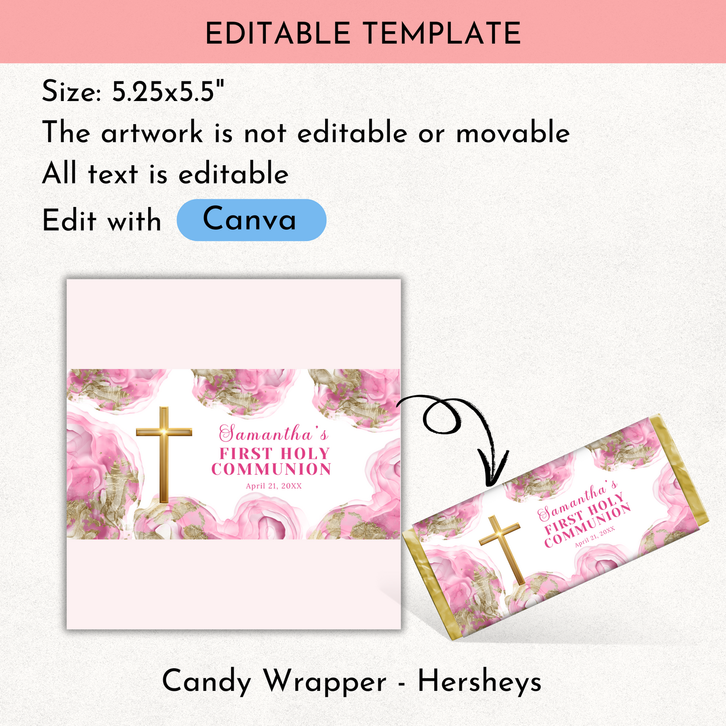 1st Communion Choc wrapper - Pink