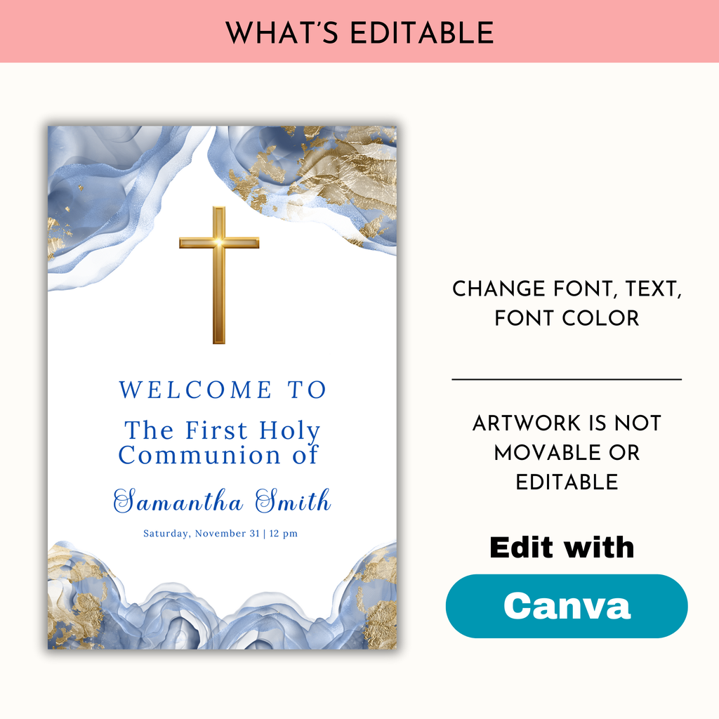 First Communion Welcome Sign First Holy Communion Welcome Sign Template | Editable Blue and Gold ...