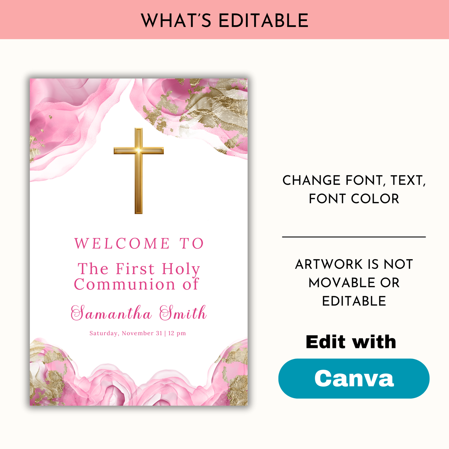 First Holy Communion Welcome Sign - Pink
