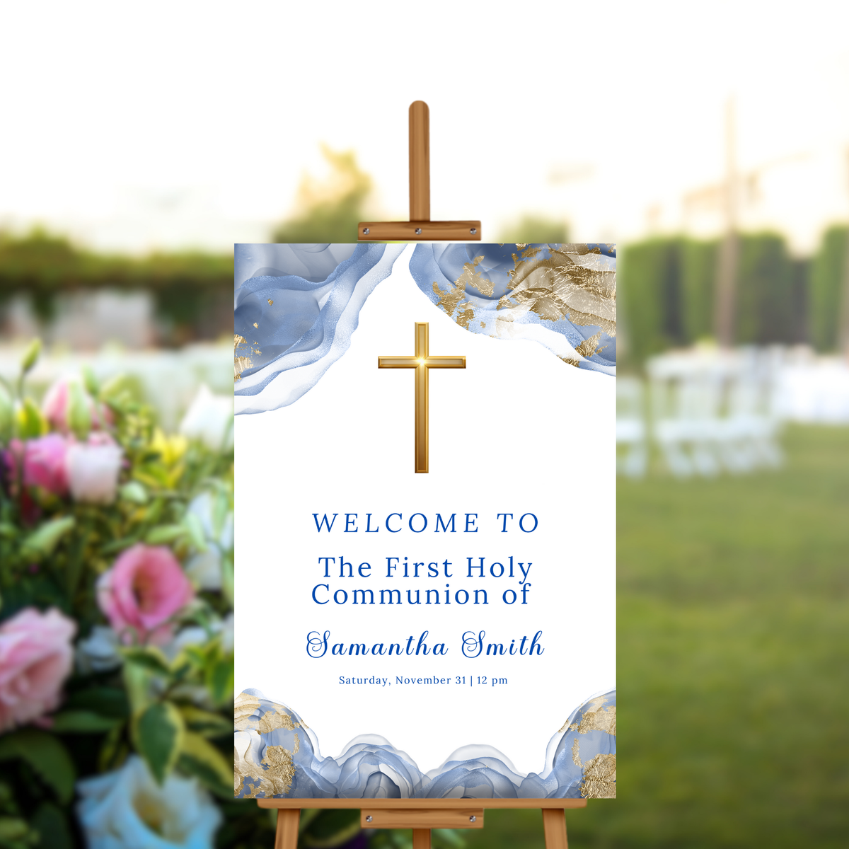 First Holy Communion Welcome Sign Template | Editable Blue and Gold ...