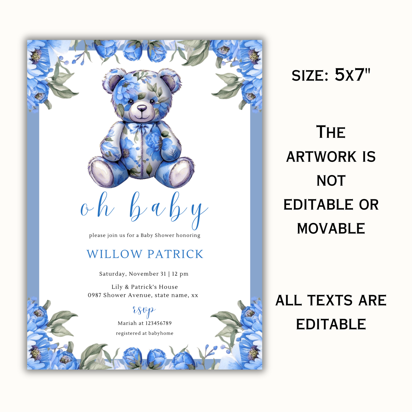 Oh Baby! Baby Shower Invitation - Floral Blue