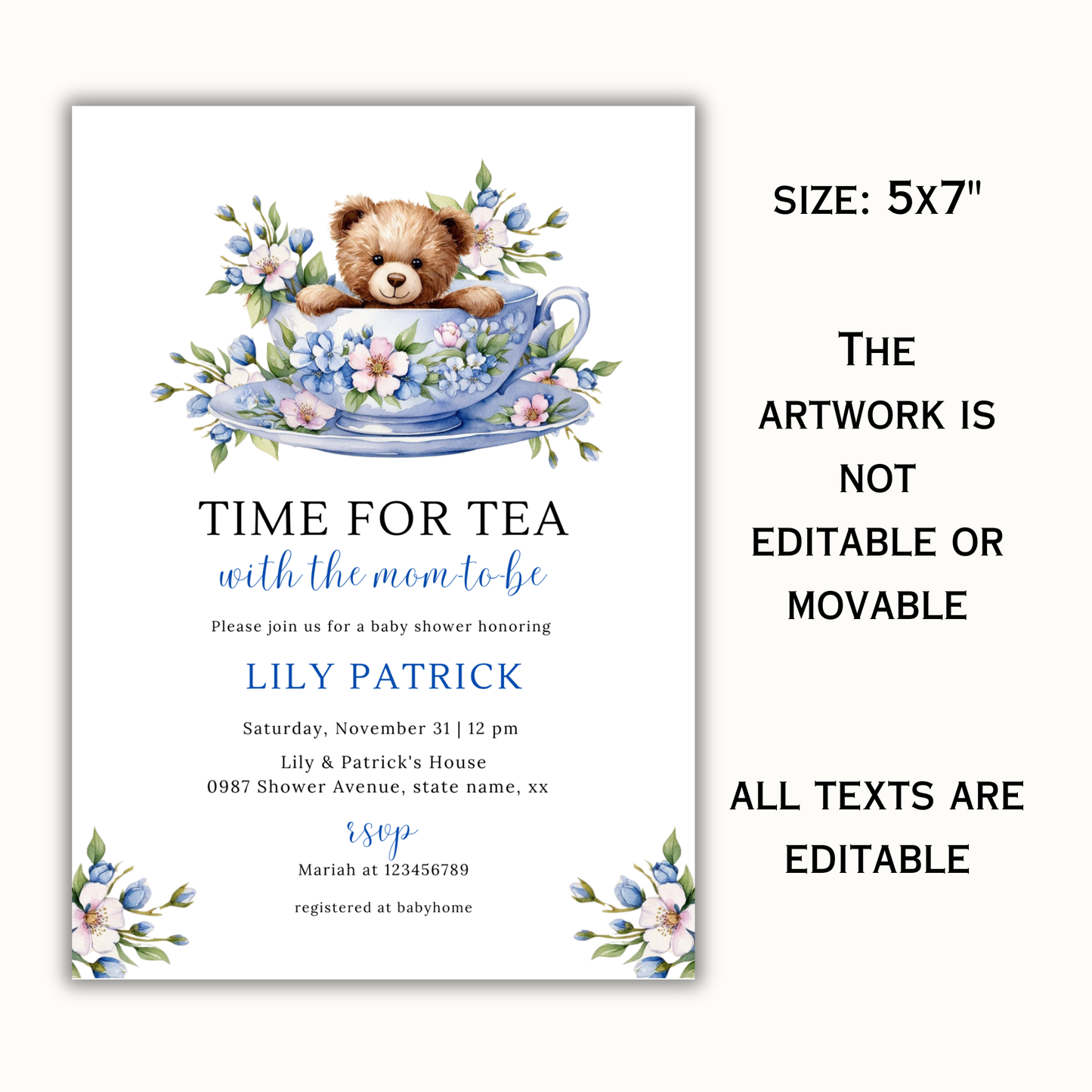 Time For Tea With The Mom To Be Invitation - Dusty Blue Floral (Copy)