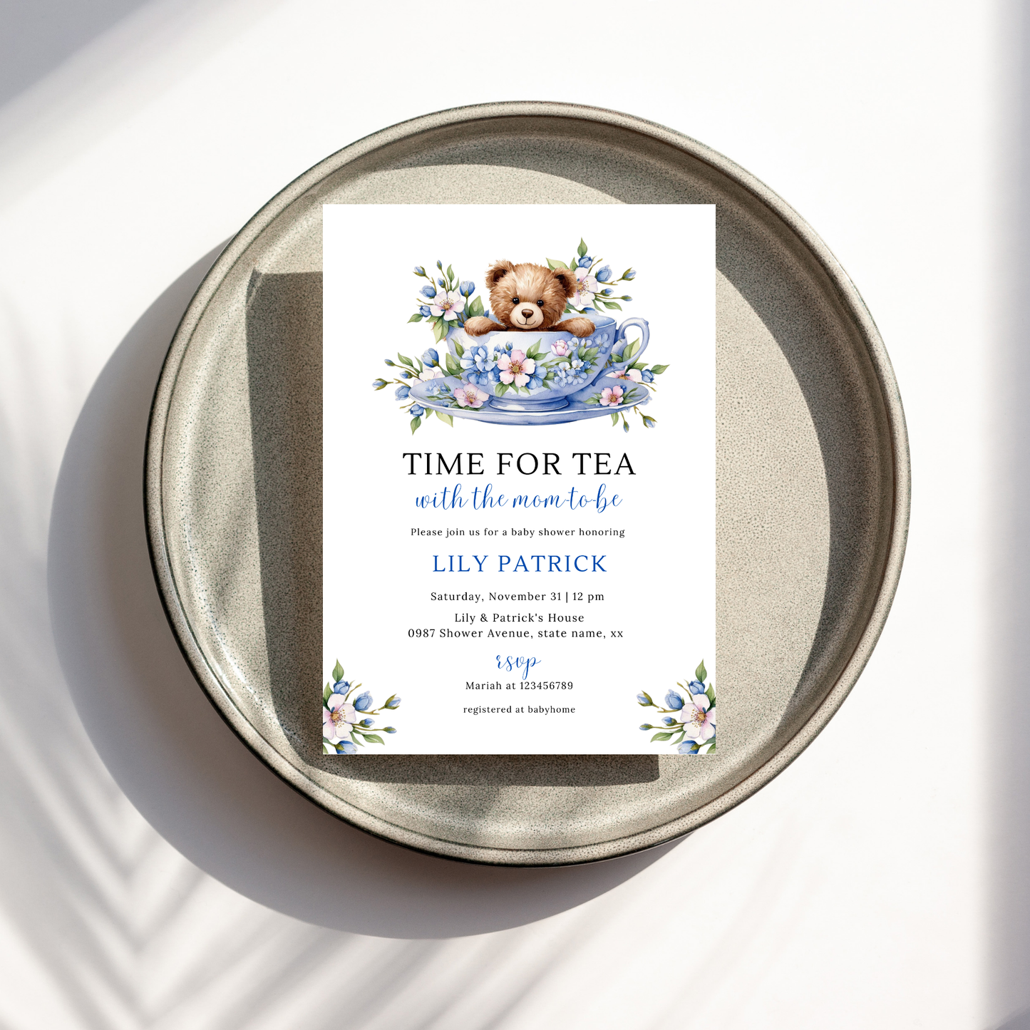 Time For Tea With The Mom To Be Invitation - Dusty Blue Floral (Copy)