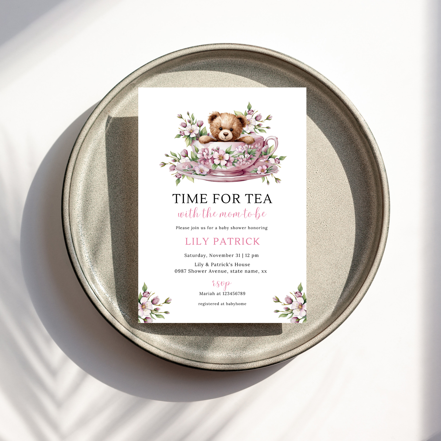 Time For Tea With The Mom To Be Invitation - Pink Blush Floral