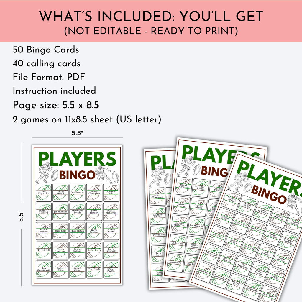 Football Players Bingo Game | 50 Cards