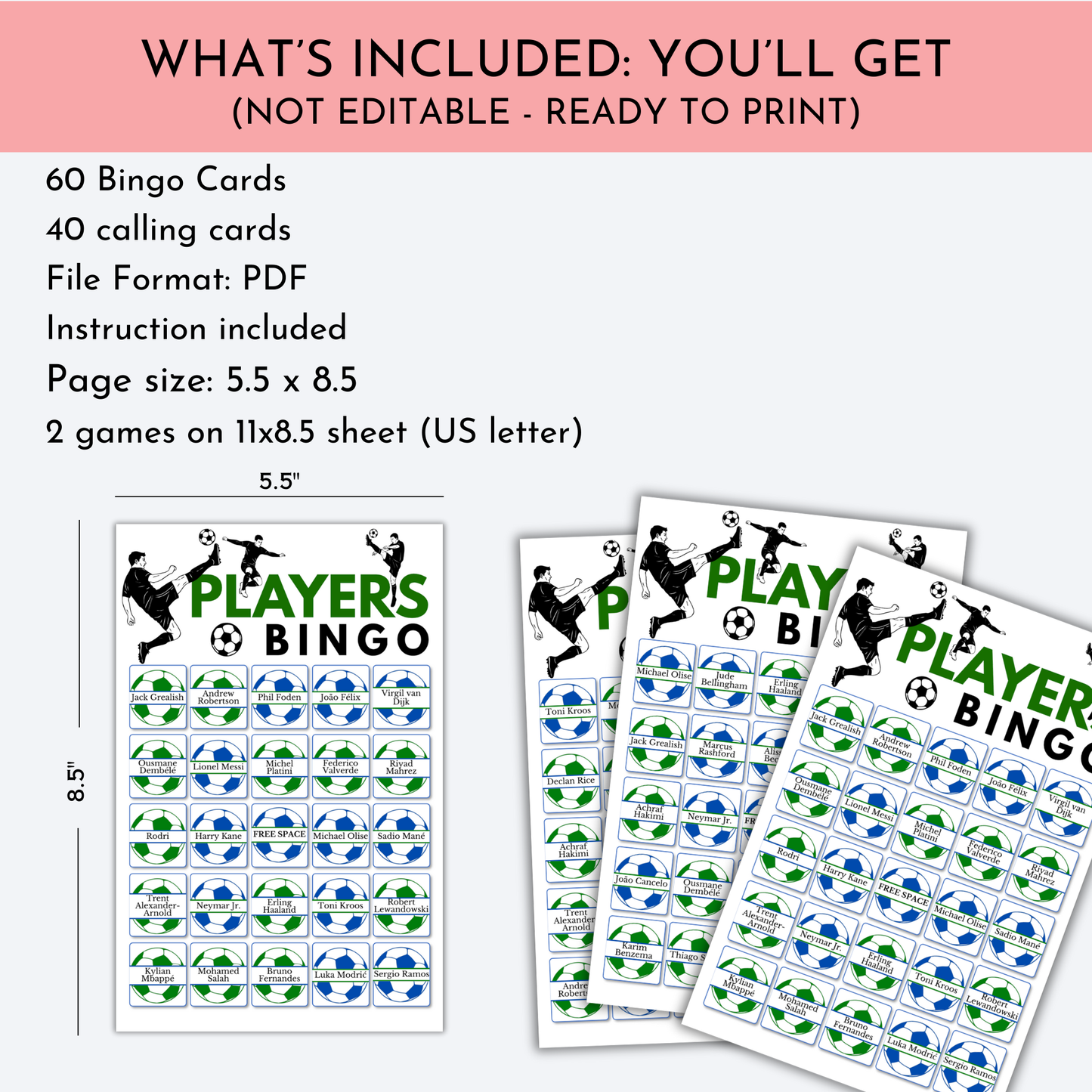 Football (Soccer) Players Bingo Game | 60 Cards
