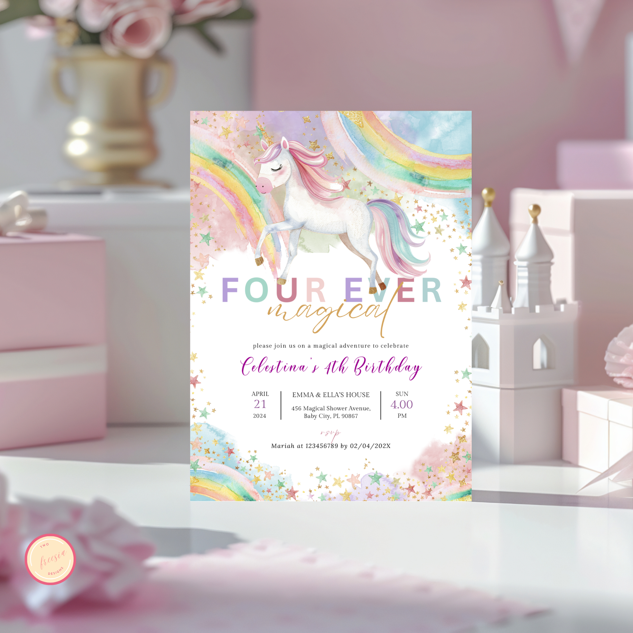 Unicorn 4th Birthday Invitation
