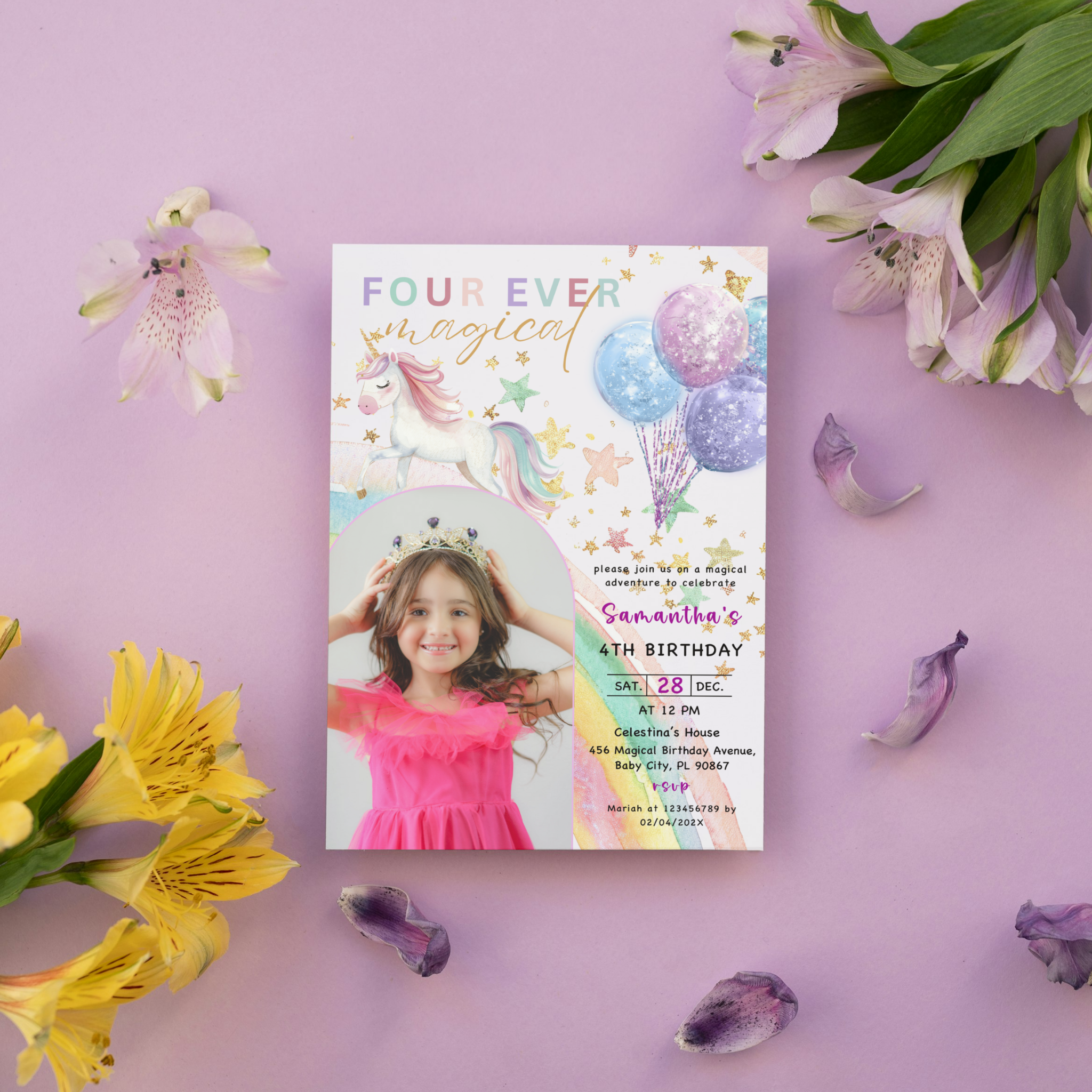 Unicorn 4th Birthday Invitation with Photo