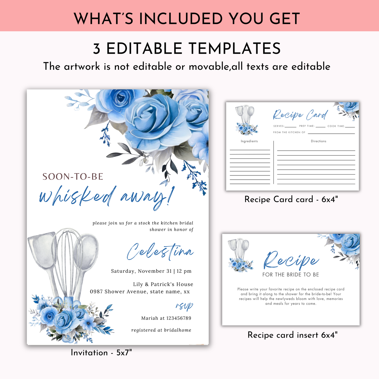 Whisked Away Bridal Shower Invitation Bundle - Blue Floral