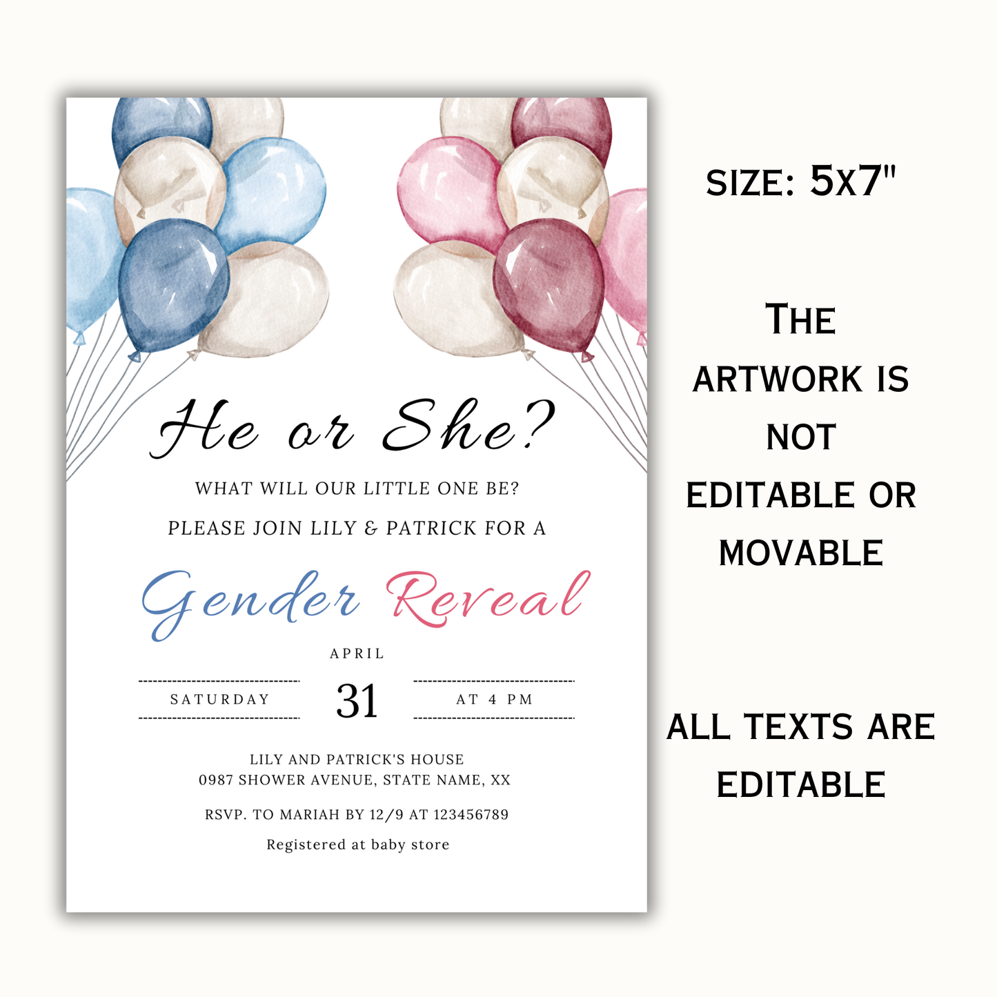 Balloons Gender Reveal Invitation Template