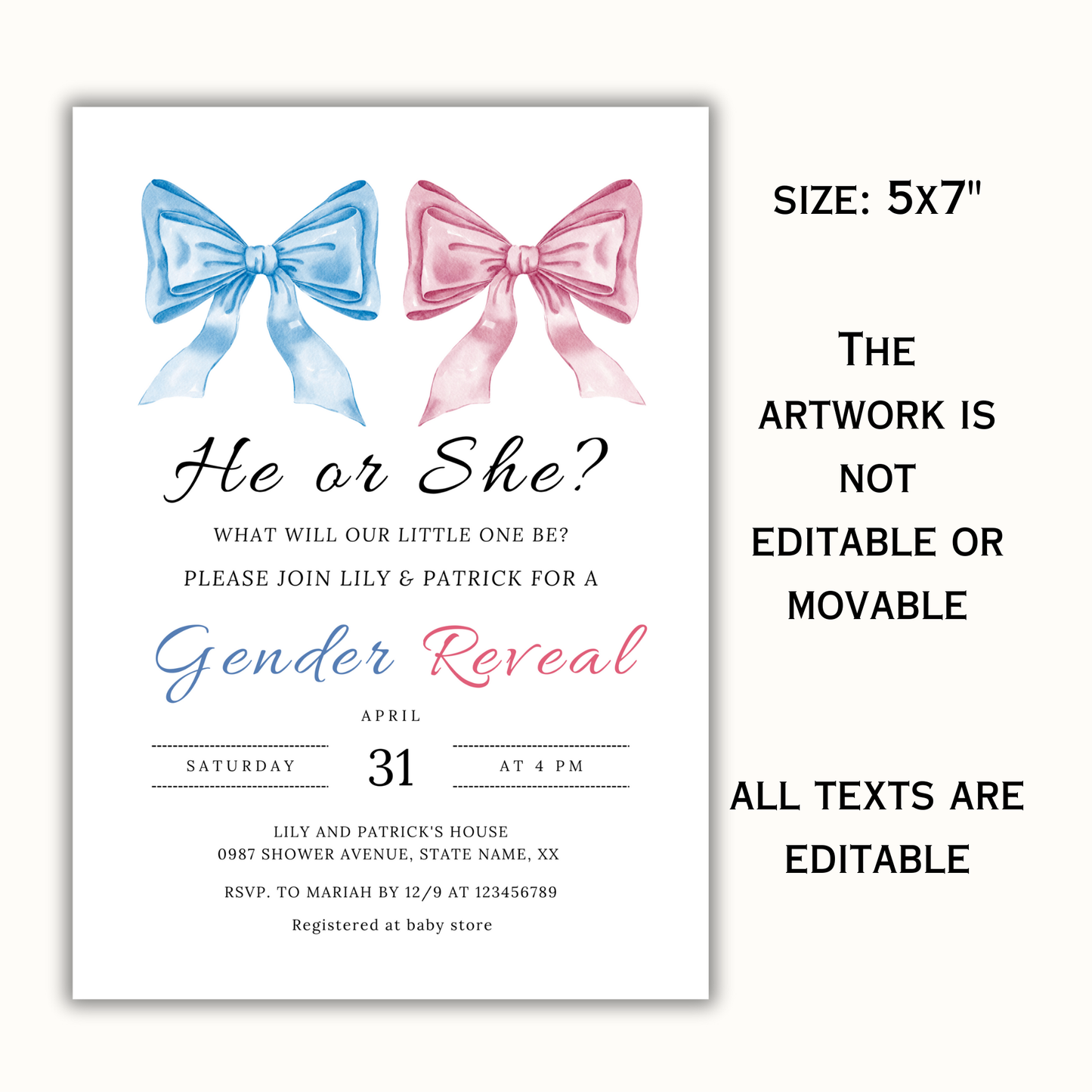 Bows Gender Reveal Invitation Template