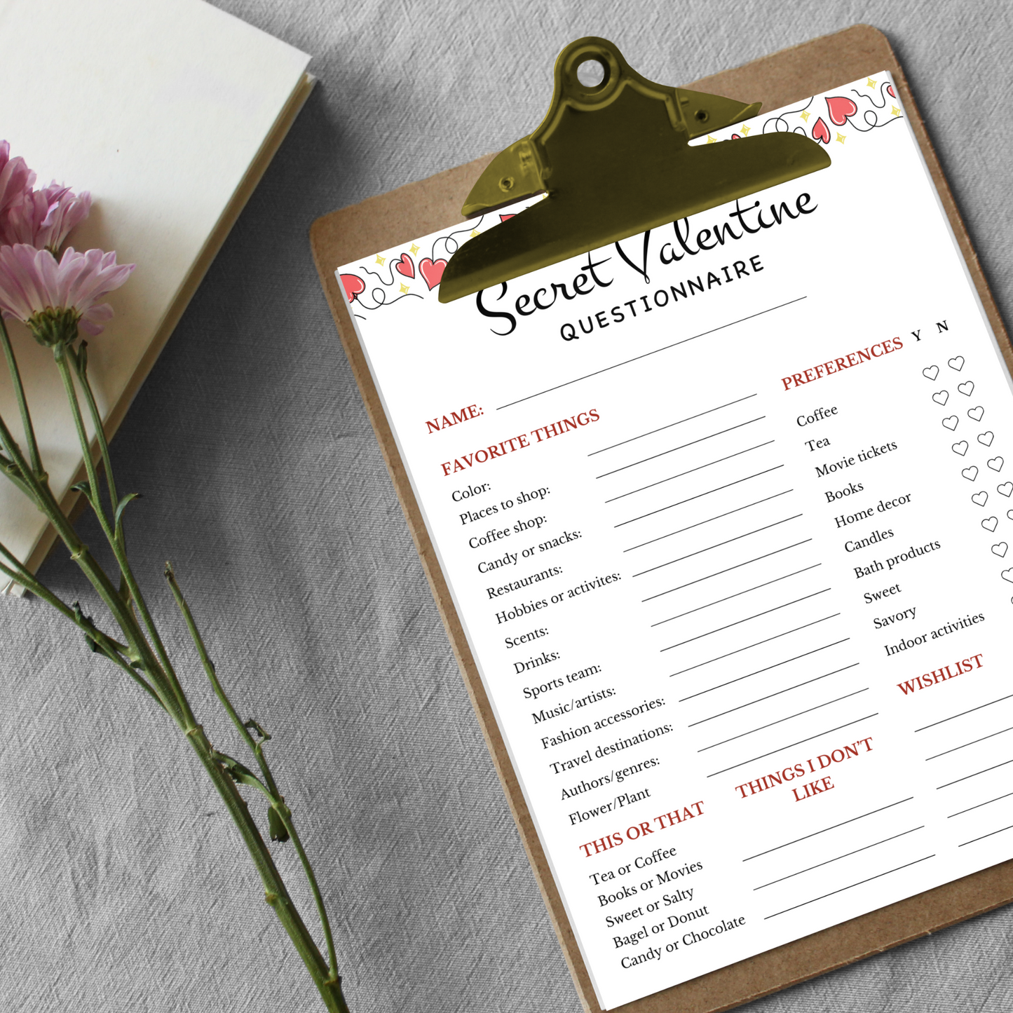 Secret Valentine Questionnaire - Editable Template