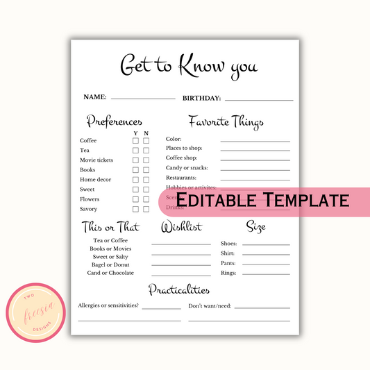 Editable Get to Know You Questionnaire Template