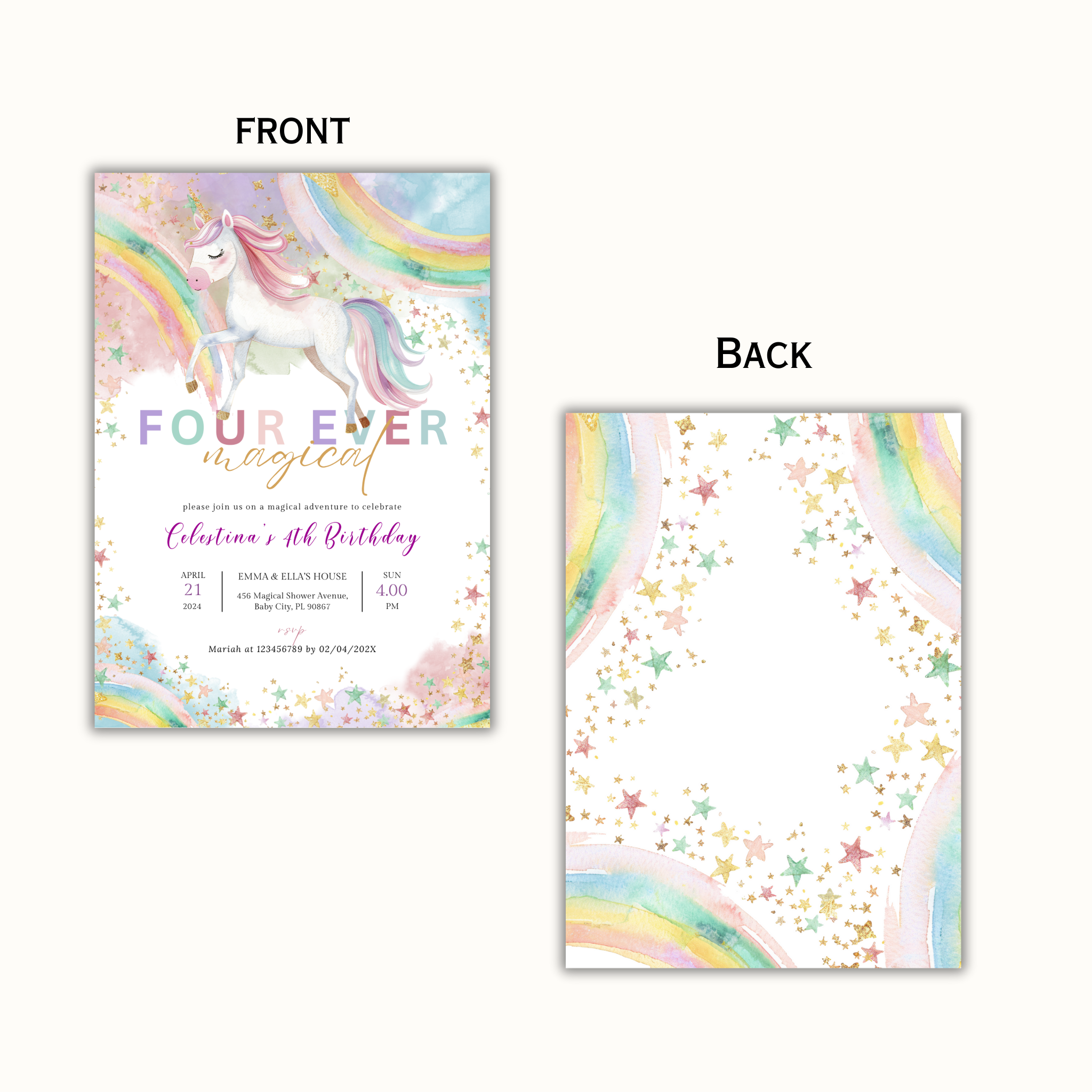 Unicorn 4th Birthday Invitation