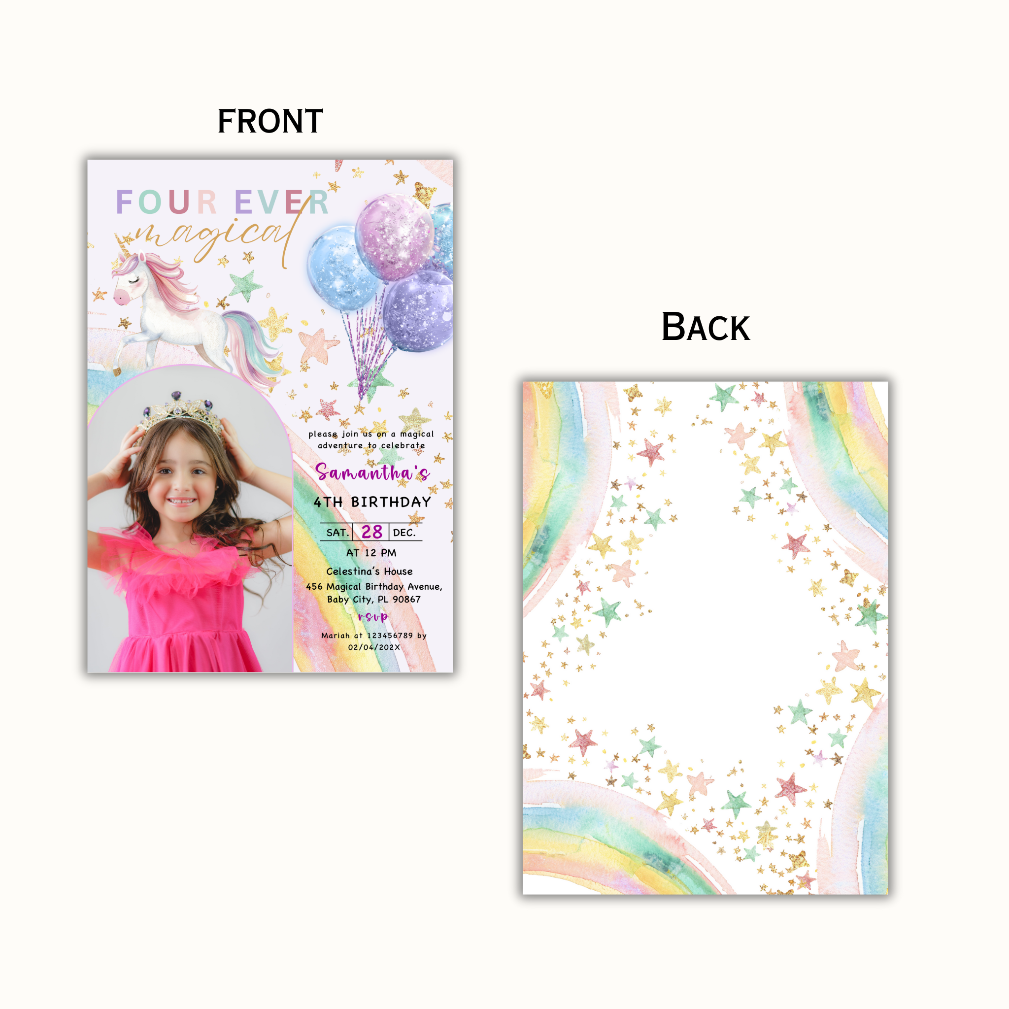 Unicorn 4th Birthday Invitation with Photo
