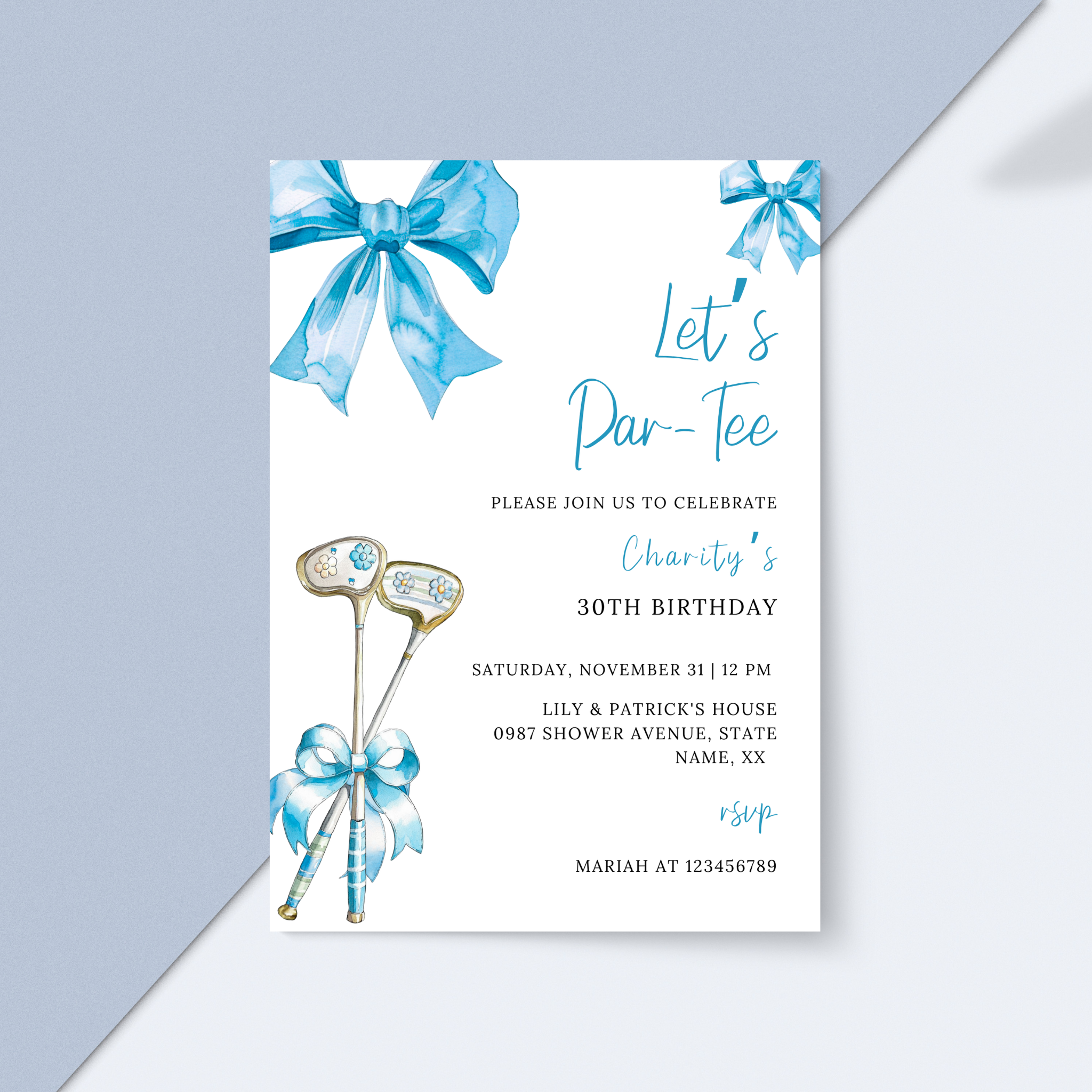Blue Bow & Club Golf Birthday Invitation
