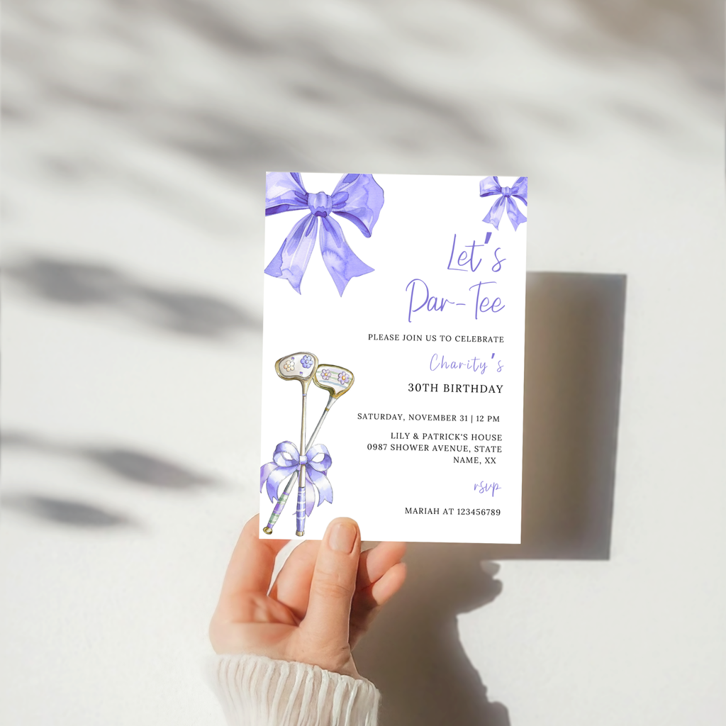 Purple Bow & Club Golf Birthday Invitation
