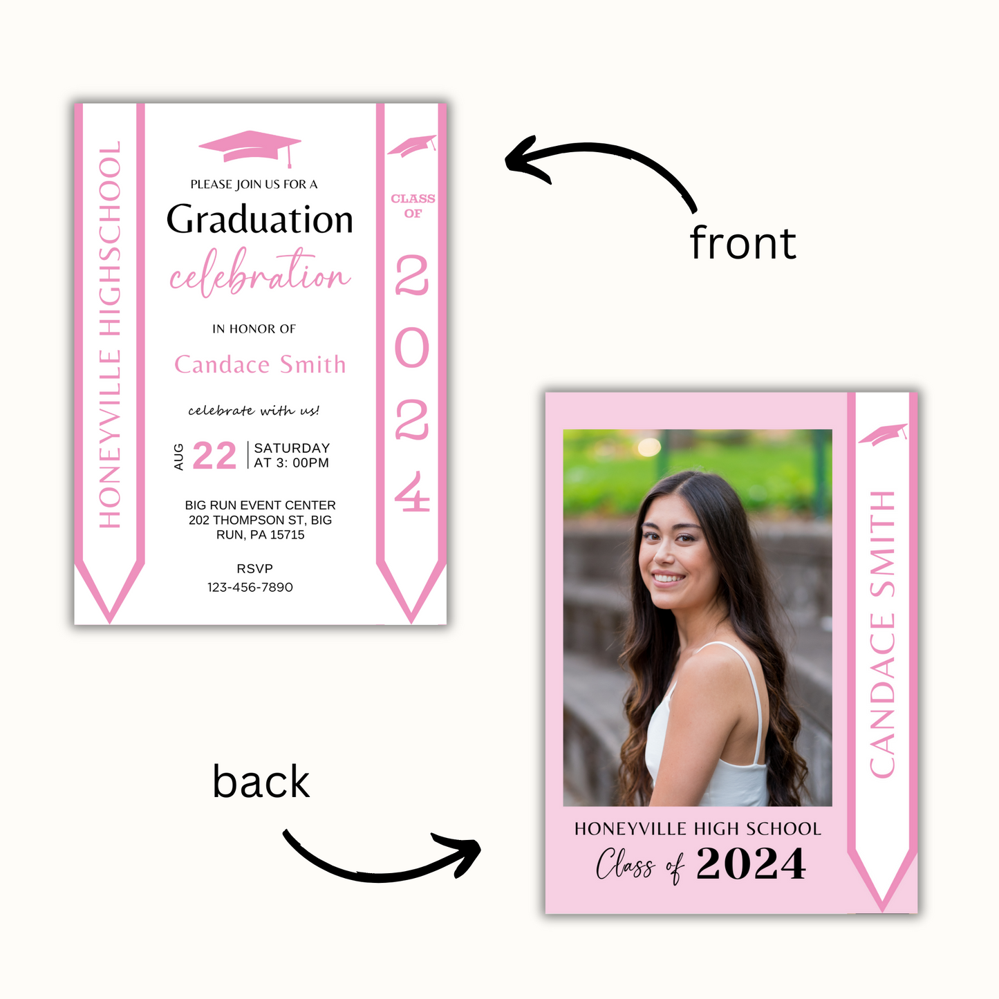 Pink Graduation Invitation with Photo - Editable Template