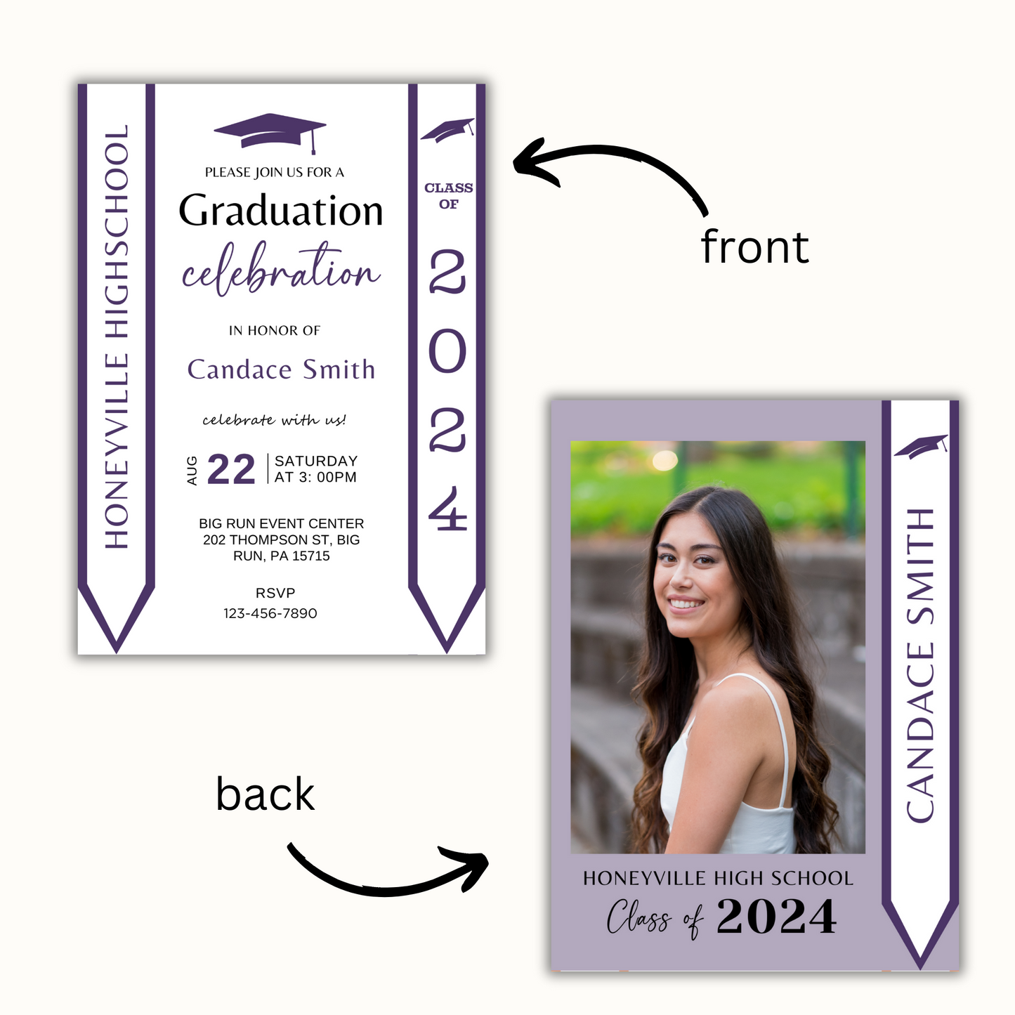 Purple Graduation Invitation with Photo - Editable Template