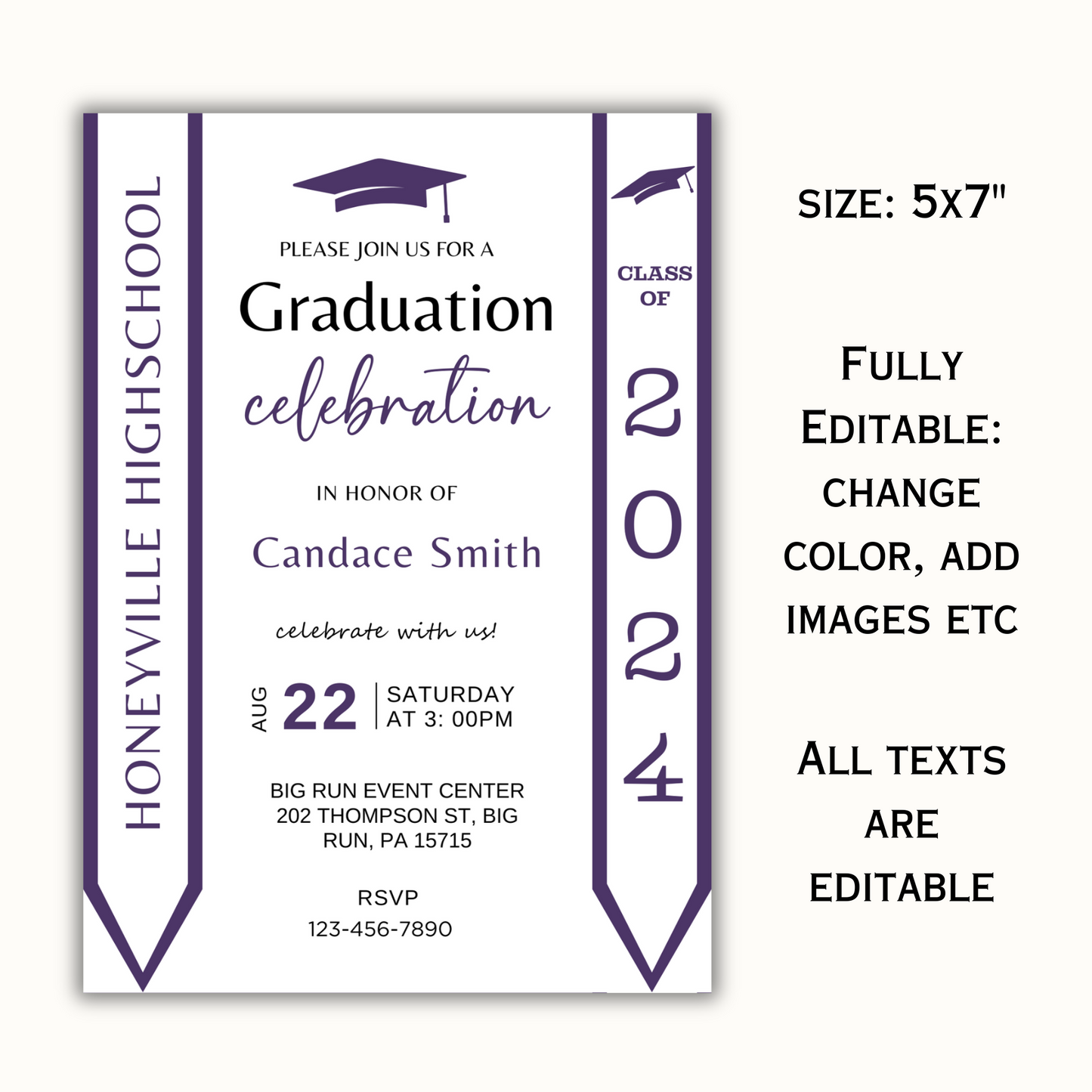 Purple Graduation Invitation with Photo - Editable Template