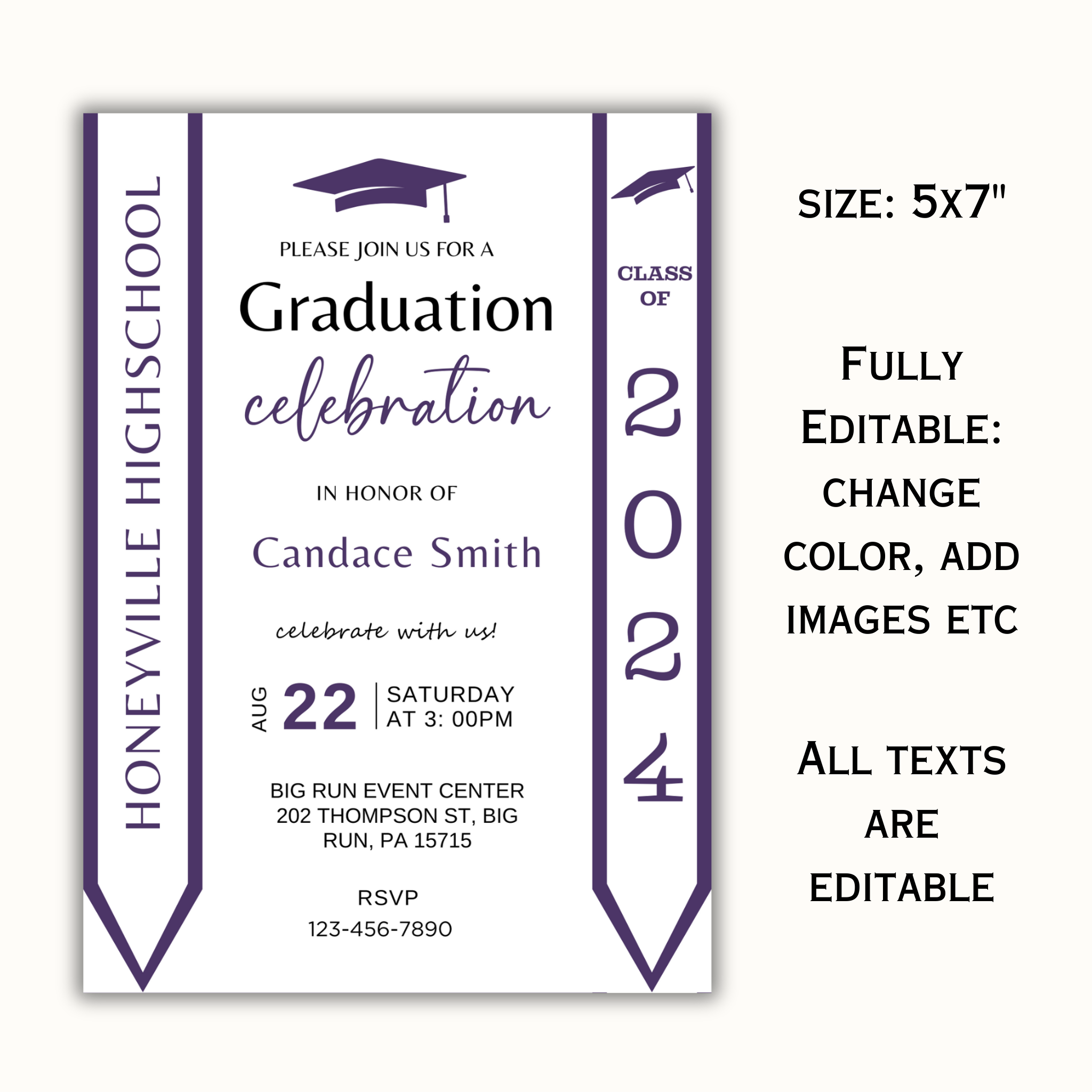 Purple Graduation Invitation with Photo - Editable Template