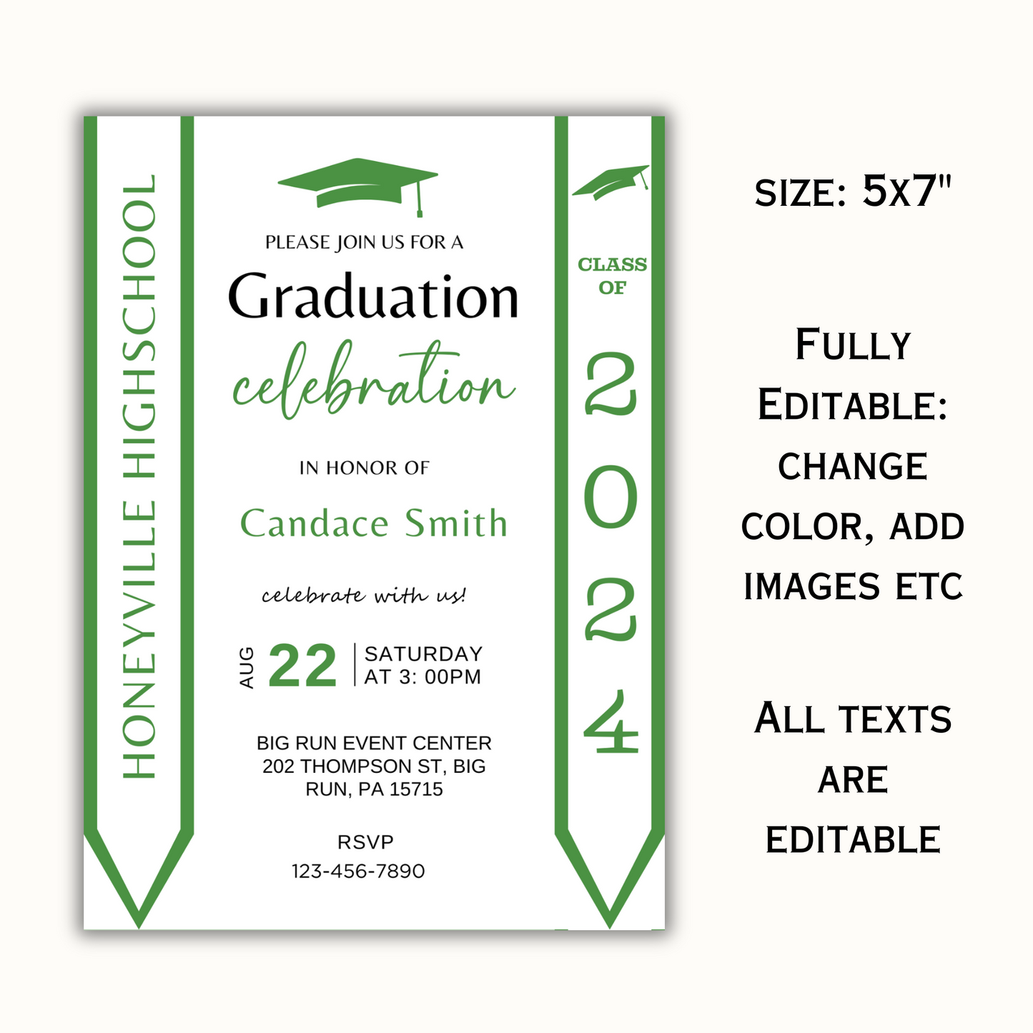 Editable Graduation Invitation with Photo - Green