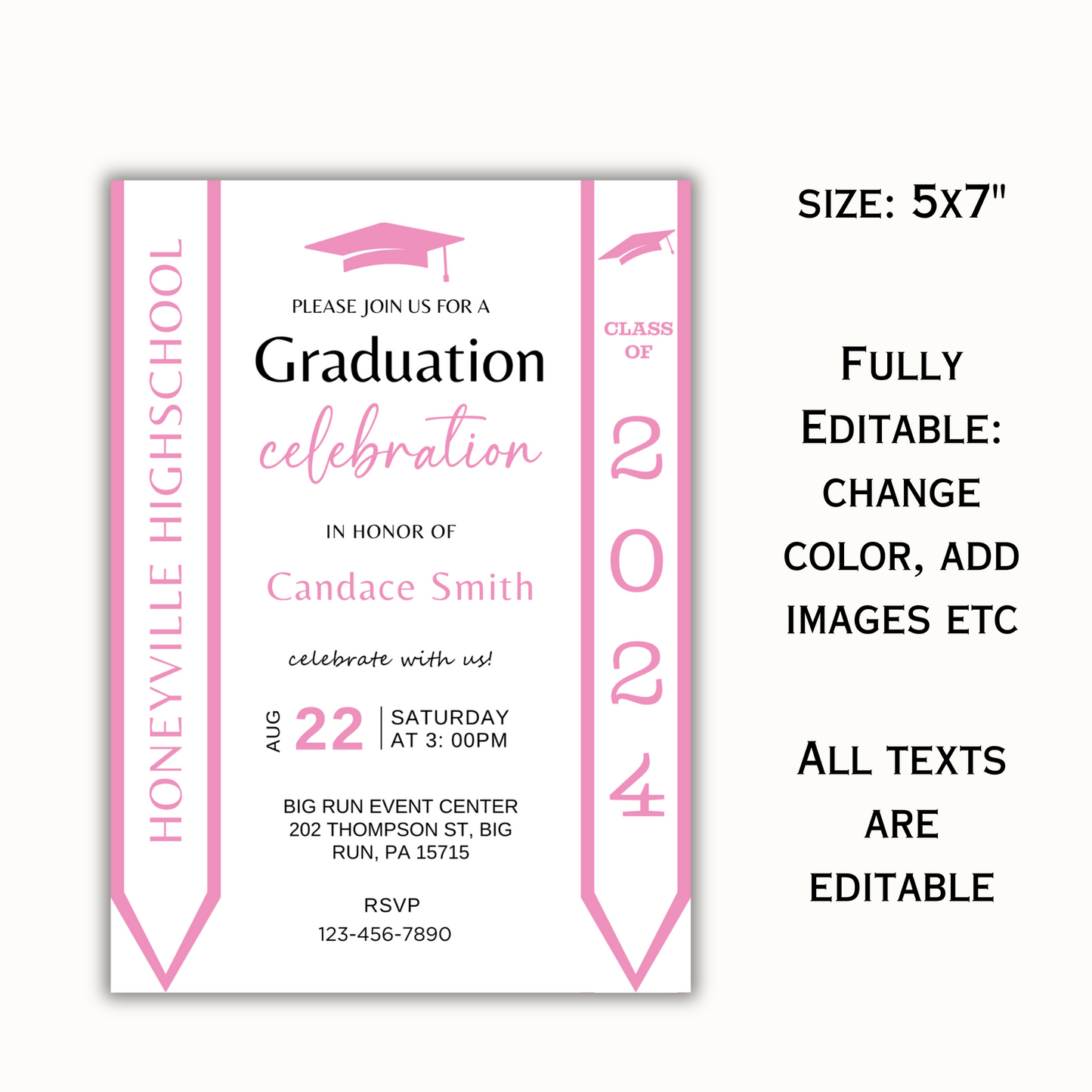 Pink Graduation Invitation with Photo - Editable Template