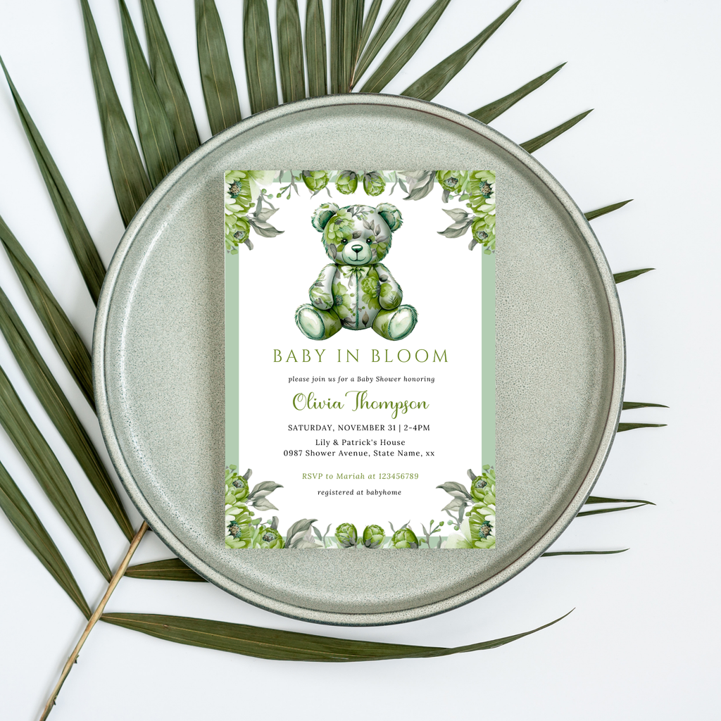 Baby in Bloom Baby Shower Invitation Bundle Template - Floral Green