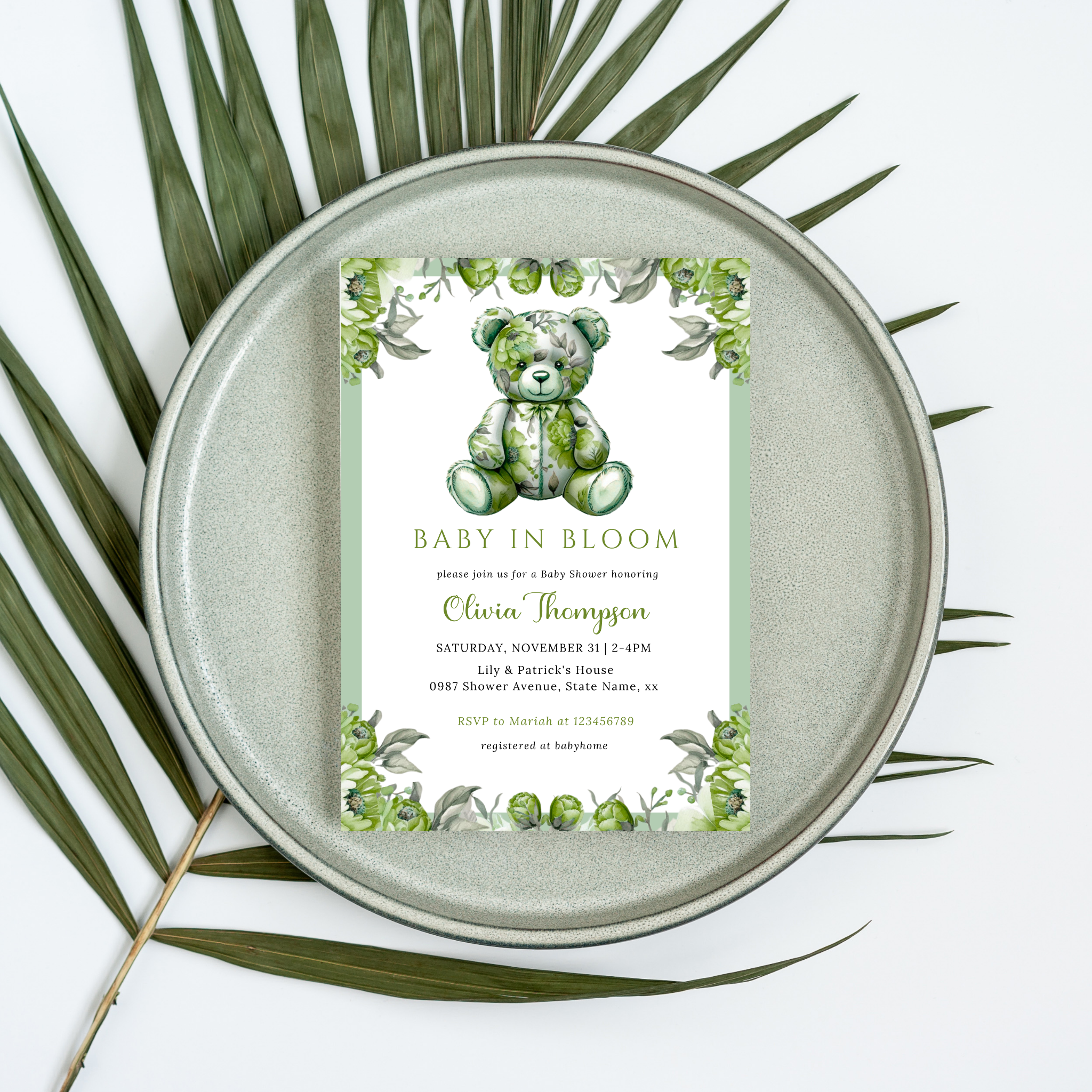 Baby in Bloom Baby Shower Invitation Bundle Template - Floral Green