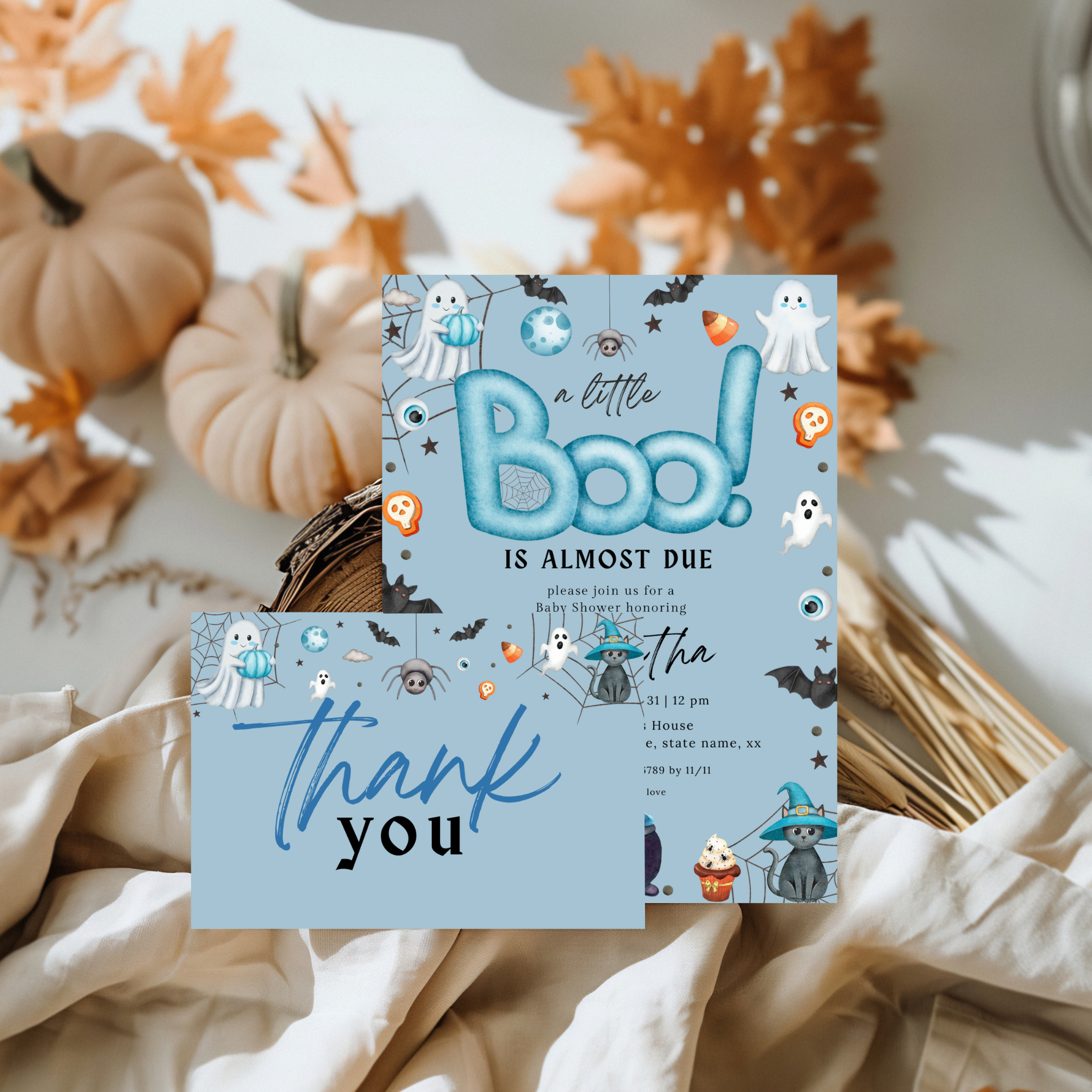 Halloween Boo Baby Shower Invitation Set | Blue