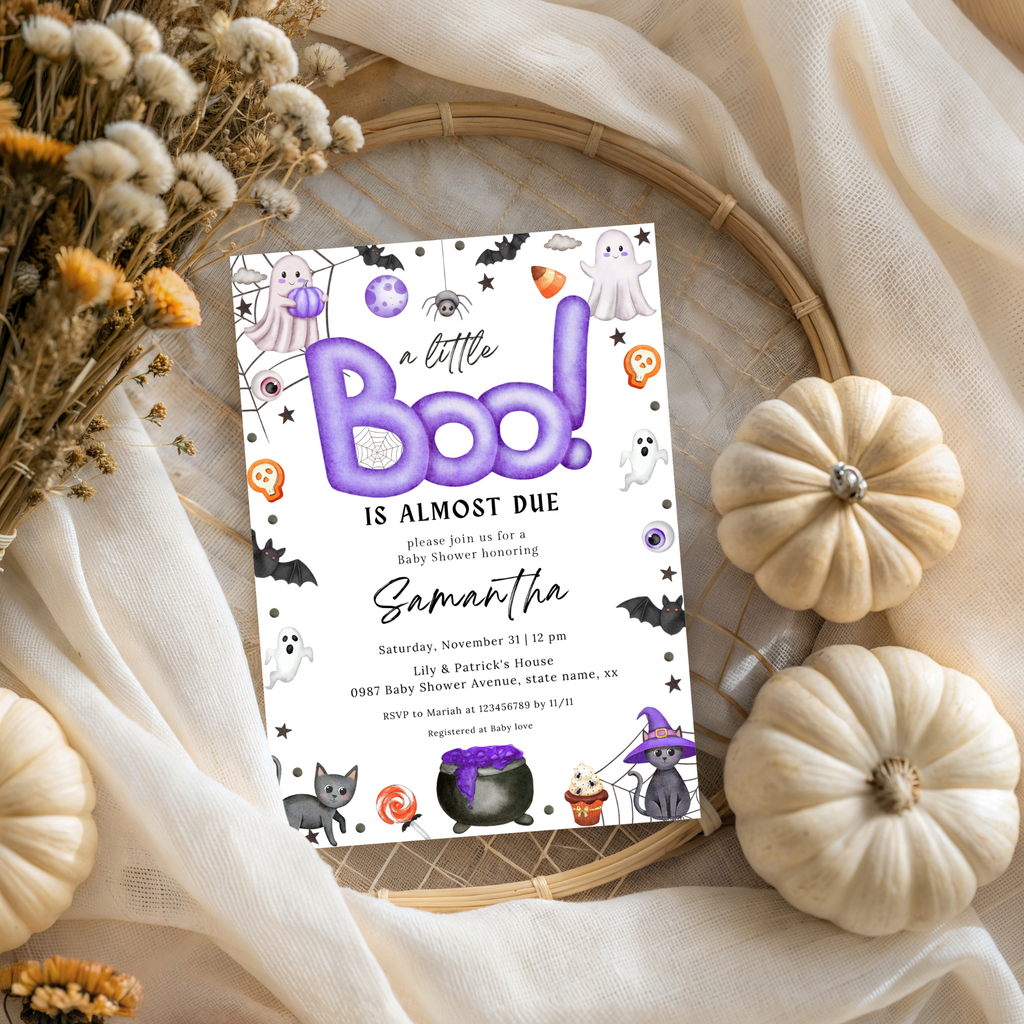 Halloween Boo Baby Shower Invitation Set | Purple