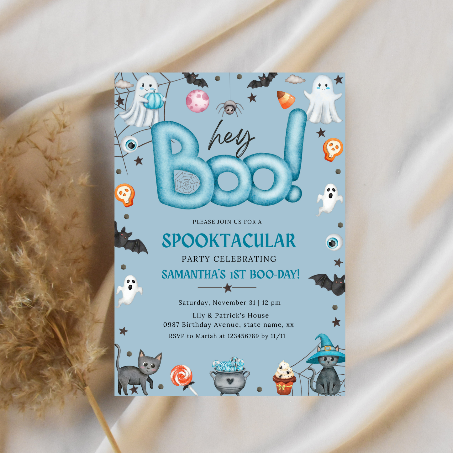 Hey Boo 1st Birthday Invitation - Blue
