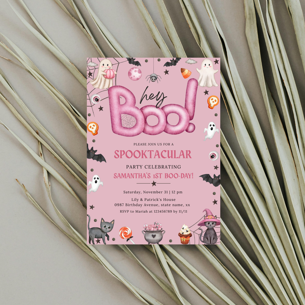 Hey Boo 1st Birthday Invitation - Pink