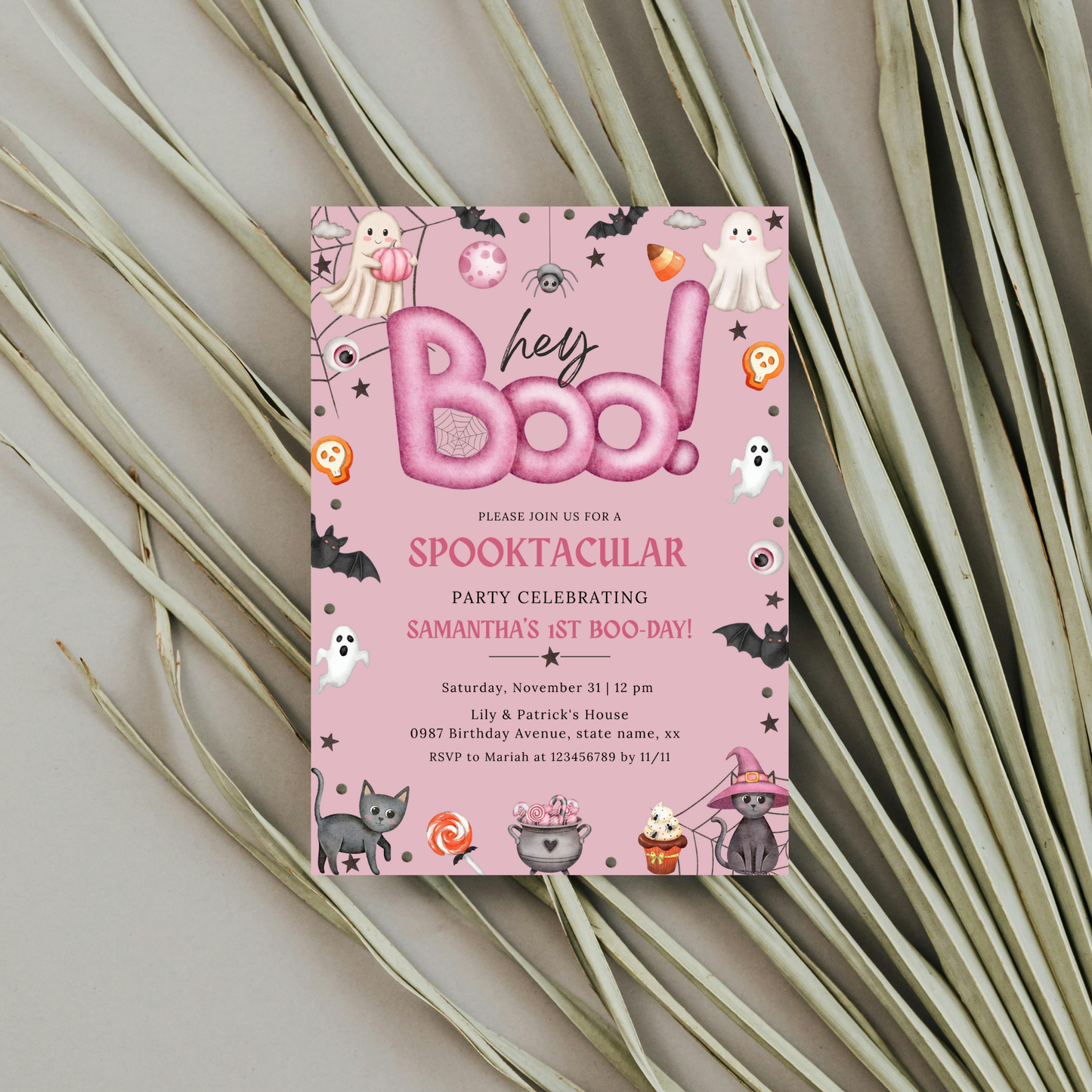 Hey Boo 1st Birthday Invitation - Pink