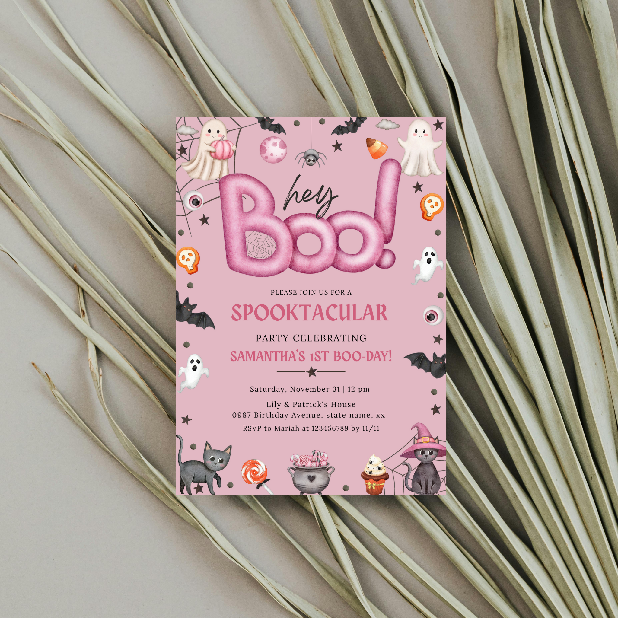 Hey Boo 1st Birthday Invitation - Pink