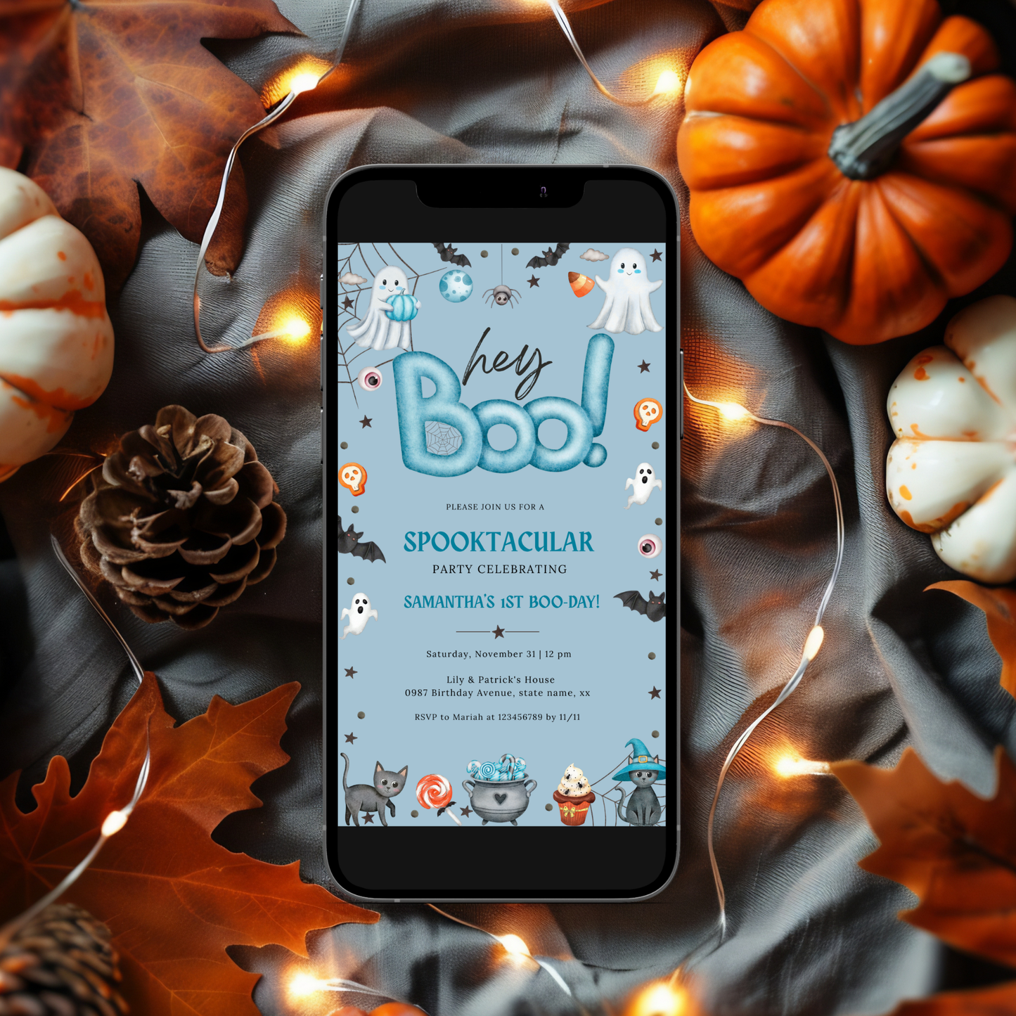 Hey Boo 1st Birthday Invitation - Blue