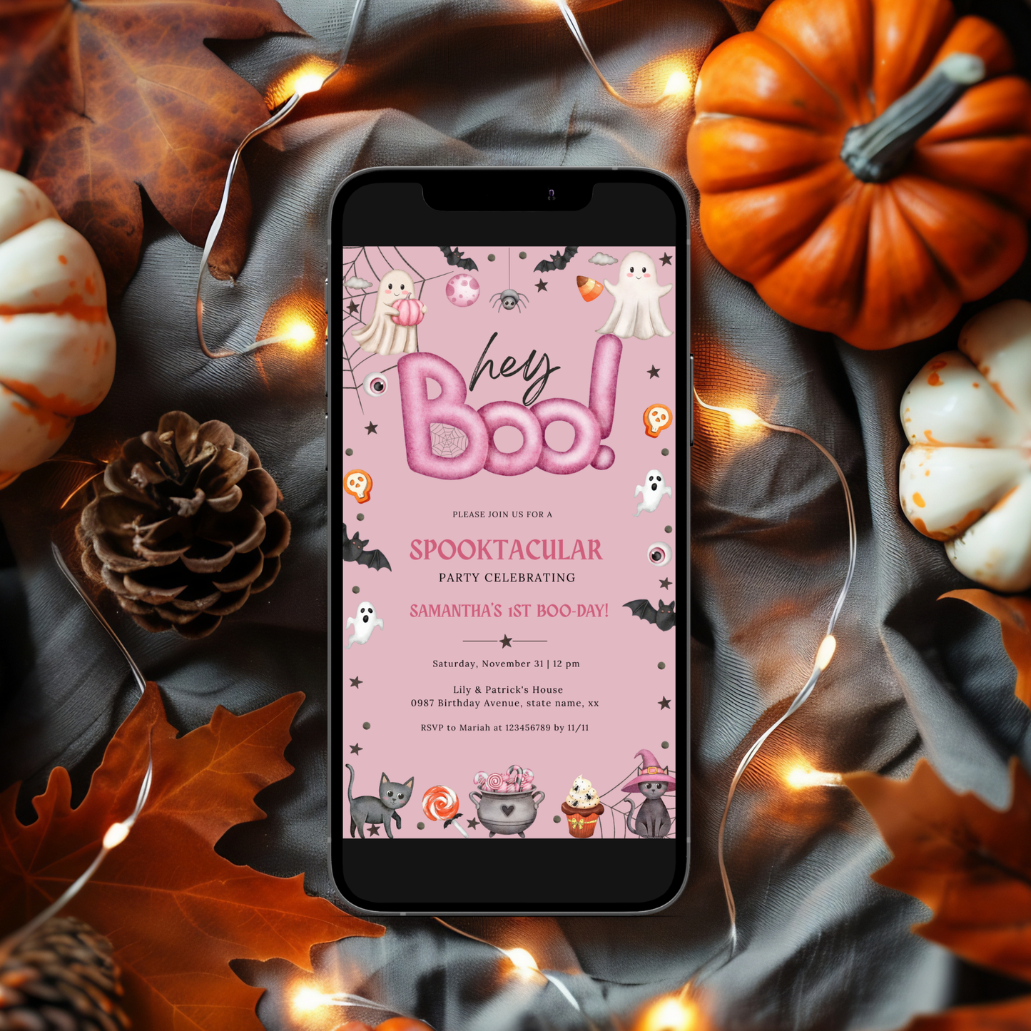 Hey Boo 1st Birthday Invitation - Pink