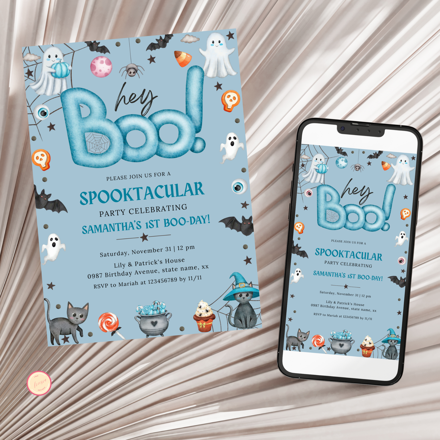 Hey Boo 1st Birthday Invitation - Blue