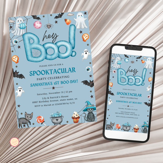 Hey Boo 1st Birthday Invitation - Blue